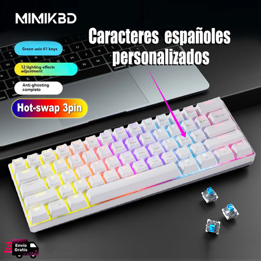 Teclado Mecánico 60% disposición, MINI 61 teclas, interruptor azul/rojo, Todas las teclas anti-ghosting, Cable USB-C, Grabado de caracteres españoles, 12 modos de iluminación,iluminación RGB de teclas completo,compatible con PC, tablet y consolas Xbox