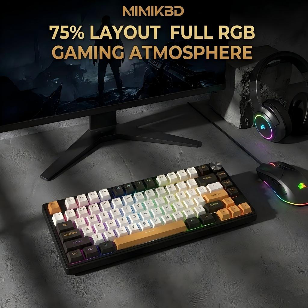 MIMIKBD Teclado Mecánico RGB 75% Interruptores de teclado lineales naranjas Con Cable Usb-c G75, Teclas PBT, Caracteres grabados en el lateral- Hot-swap, 26teclas anti-ghosting-con Perilla multifunción Gamers