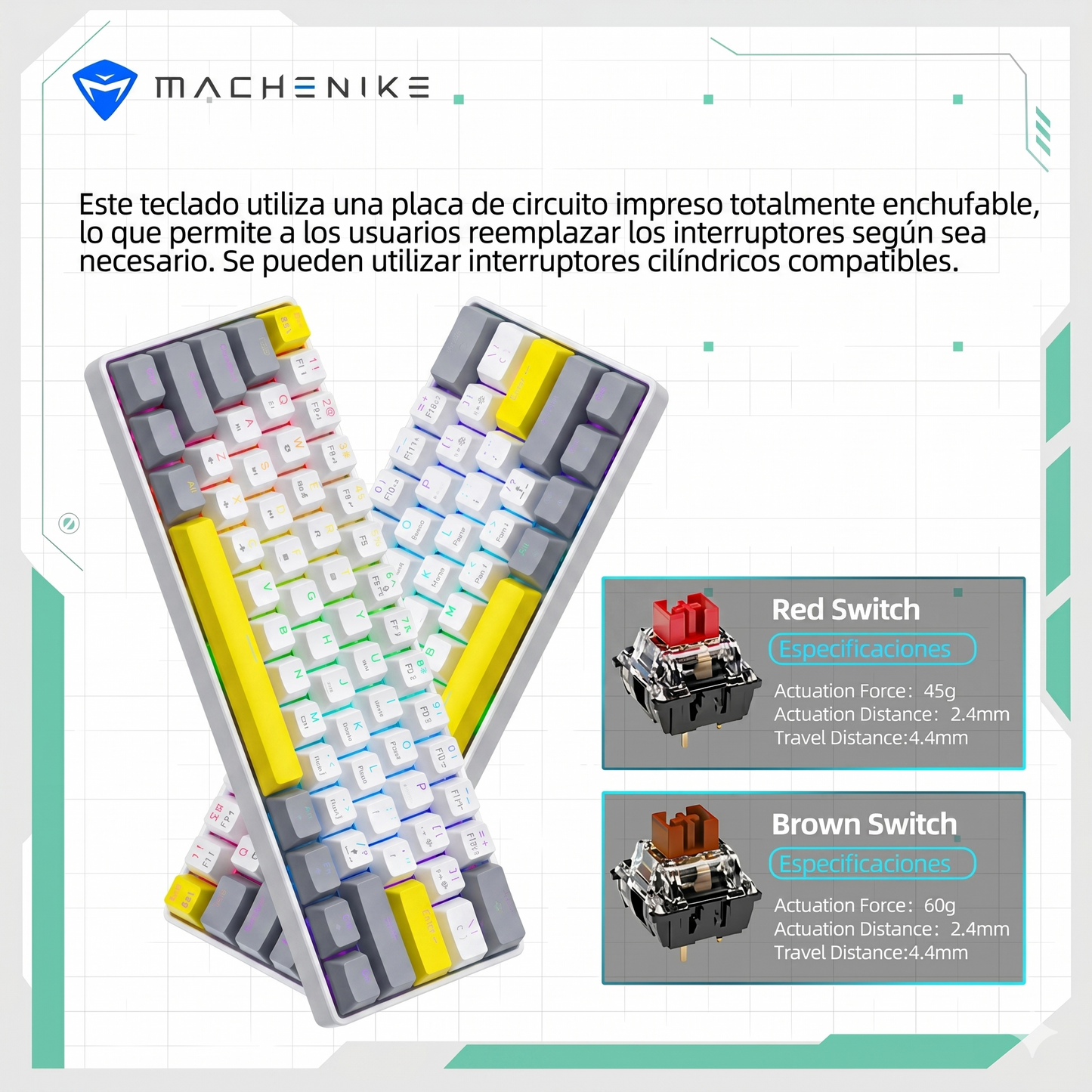 MIMIKBD Teclado mecánico compacto del 60% cuenta con retroiluminación RGB, 61teclas,Interruptor rojos, todo teclas anti-ghosting. Ofrece 12 efectos de luz; Contiene Ñ; Con una vibrante combinación de colores , Adjuste de brillo y velocidad con teclas