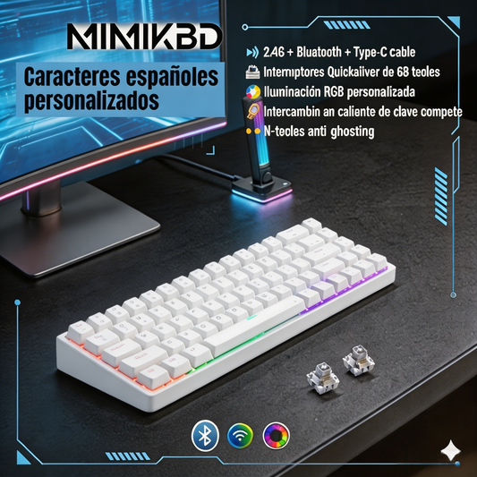 Teclado mecánico al 65% con switches QuickSilver, 68 teclas, iluminación RGB con 13 efectos de iluminación, compatible con Bluetooth, 2.4G y conectividad por cable; admite Hot-Swap y N-teclas anti-ghosting;Adecuado para juegos de eSports