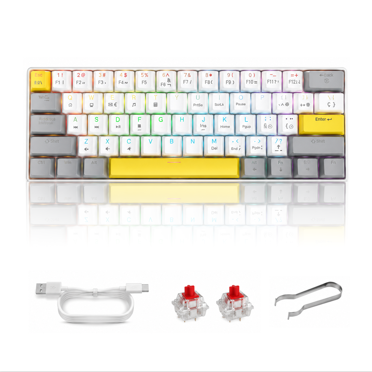 MIMIKBD Teclado mecánico compacto del 60% cuenta con retroiluminación RGB, 61teclas，Interruptor rojos, todo teclas anti-ghosting. Ofrece 12 efectos de luz; Contiene  Ñ; Con una vibrante combinación de colores , Adjuste de brillo y velocidad con teclas