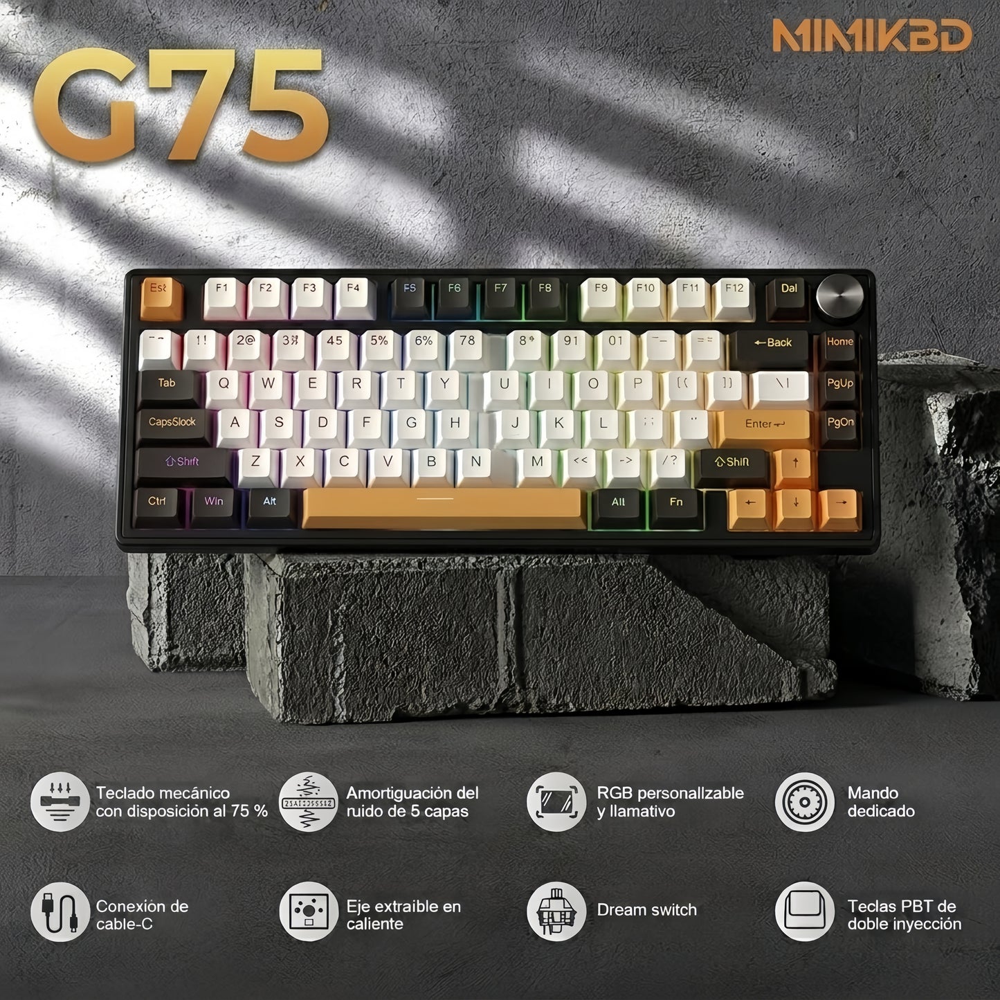 MIMIKBD Teclado Mecánico RGB 75% Interruptores de teclado lineales naranjas Con Cable Usb-c  G75, Teclas PBT, Caracteres grabados en el lateral- Hot-swap, 26teclas anti-ghosting-con Perilla multifunción Gamers
