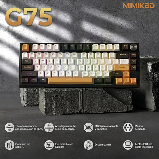 MIMIKBD Teclado Mecánico RGB 75% Interruptores de teclado lineales naranjas Con Cable Usb-c  G75, Teclas PBT, Caracteres grabados en el lateral- Hot-swap, 26teclas anti-ghosting-con Perilla multifunción Gamers