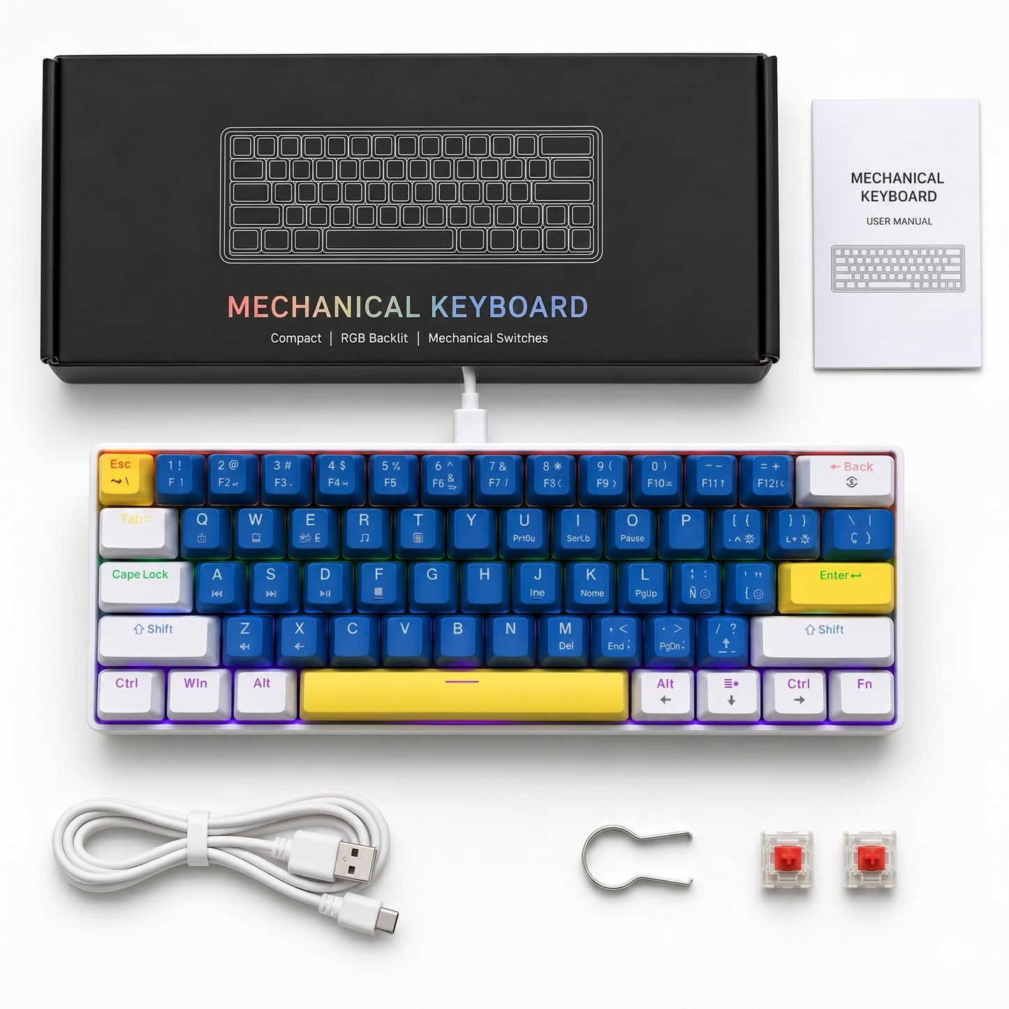 Teclado mecánico para juegos de 61 teclas con caracteres españoles, teclado con cable azul, blanco y dorado inspirado en Gundam, interruptores lineales rojos, 13 modos de retroiluminación RGB, cable USB-C desmontable, para jugadores de PC FPS.