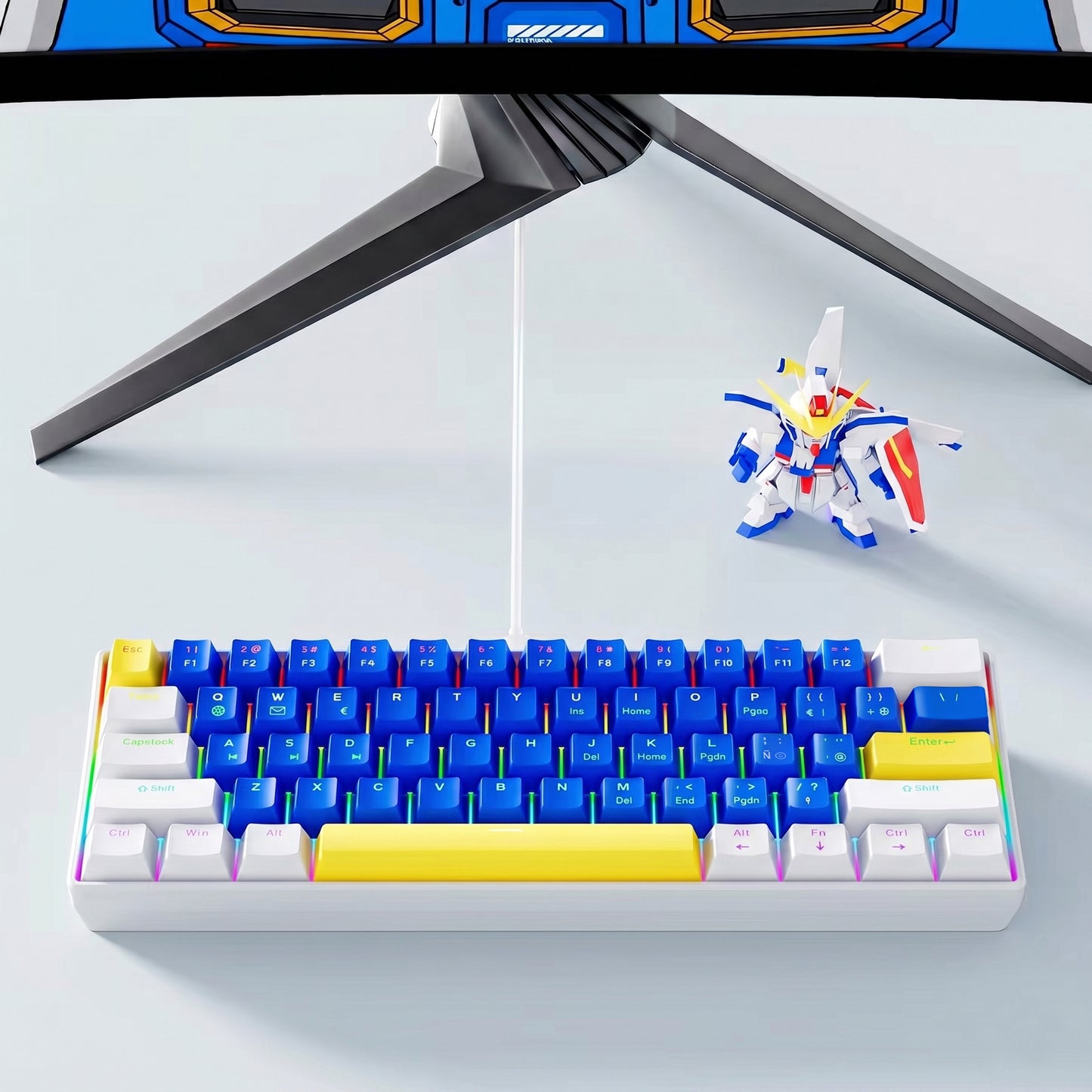 Teclado mecánico para juegos de 61 teclas con caracteres españoles, teclado con cable azul, blanco y dorado inspirado en Gundam, interruptores lineales rojos, 13 modos de retroiluminación RGB, cable USB-C desmontable, para jugadores de PC FPS.
