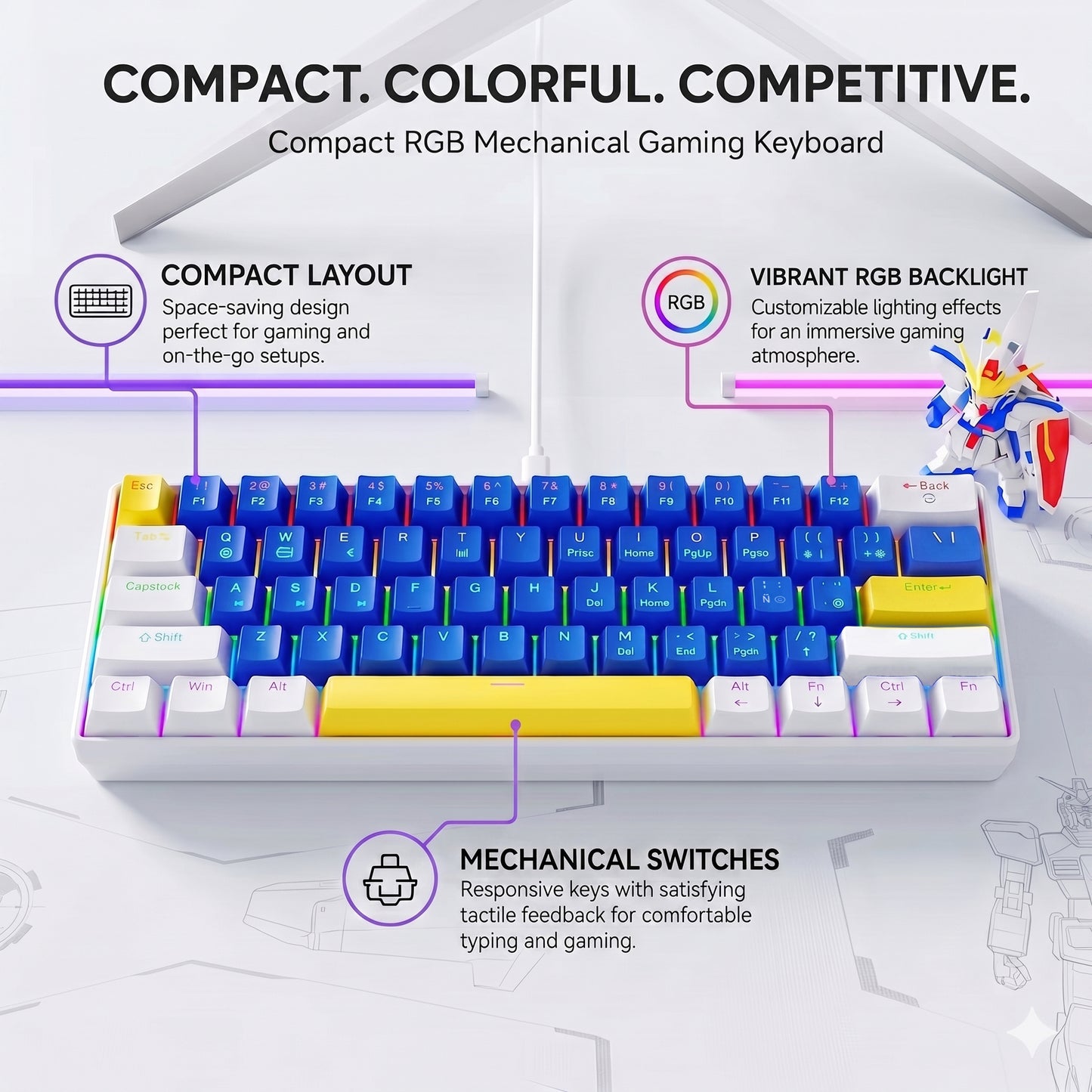 Teclado mecánico para juegos de 61 teclas con caracteres españoles, teclado con cable azul, blanco y dorado inspirado en Gundam, interruptores lineales rojos, 13 modos de retroiluminación RGB, cable USB-C desmontable, para jugadores de PC FPS.