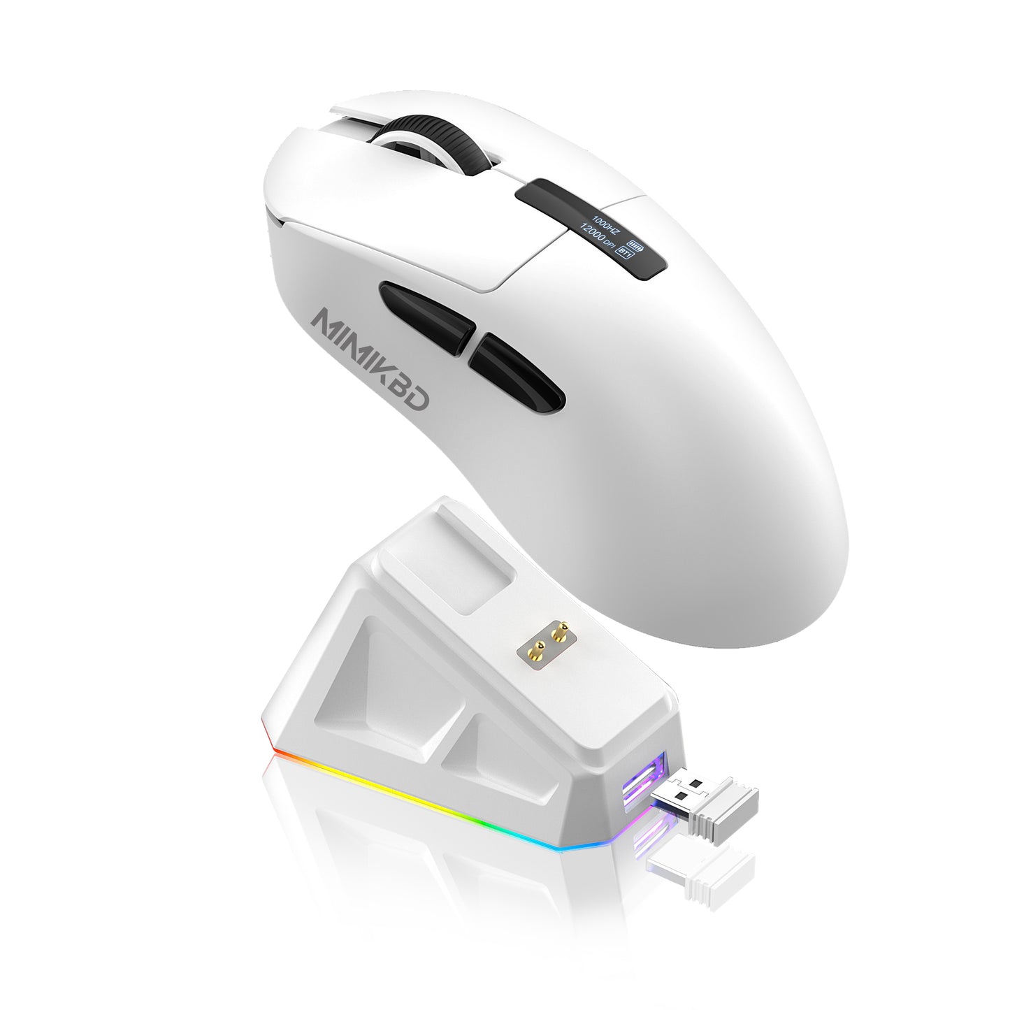 MIMIKBD S270 Ratón inalámbrico ligero con controlador web, chip PAW3311, admite Bluetooth | 2,4G | cable del puerto.Incluye pantalla LED y base de carga,Iluminado RGB y DPI máximo 12000, Frecuencia de retorno máxima 1000 Hz, solo 59g