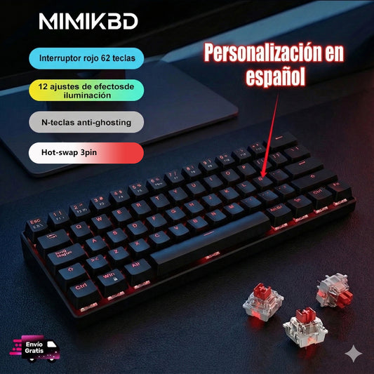 Teclado Mec¡nico 60% disposición, MINl 62 teclas,interruptor rojo, Hot-Swap, Todas las teclas anti-ghosting, Interruptores específicos del juego, CableUSB-C, Personalización en español, 12 modos deiluminación, iluminación RGB de teclas completo