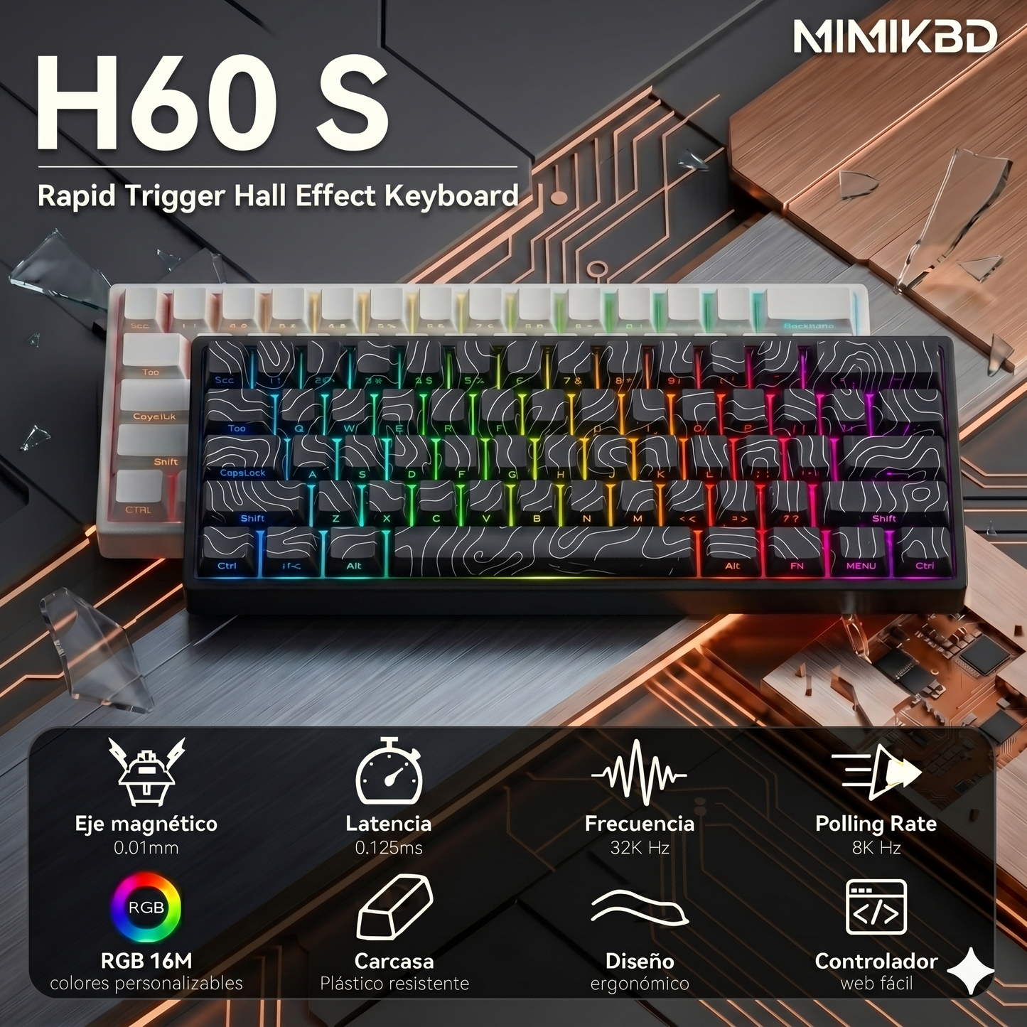 Teclado mecánico magnético de 61 teclas, teclado para juegos con cable, tasa de sondeo de 8K, precisión de tiempo de respuesta de 0,01 mm, latencia de 0,125 ms, teclas PBT de color blanco puro con impresión lateral, retroiluminación RGB