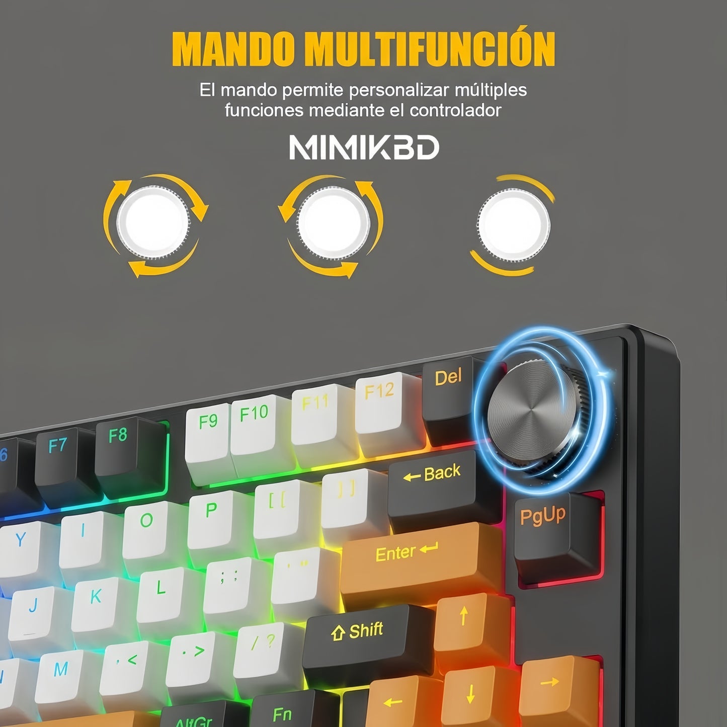 MIMIKBD Teclado Mecánico RGB 75% Interruptores de teclado lineales naranjas Con Cable Usb-c  G75, Teclas PBT, Caracteres grabados en el lateral- Hot-swap, 26teclas anti-ghosting-con Perilla multifunción Gamers