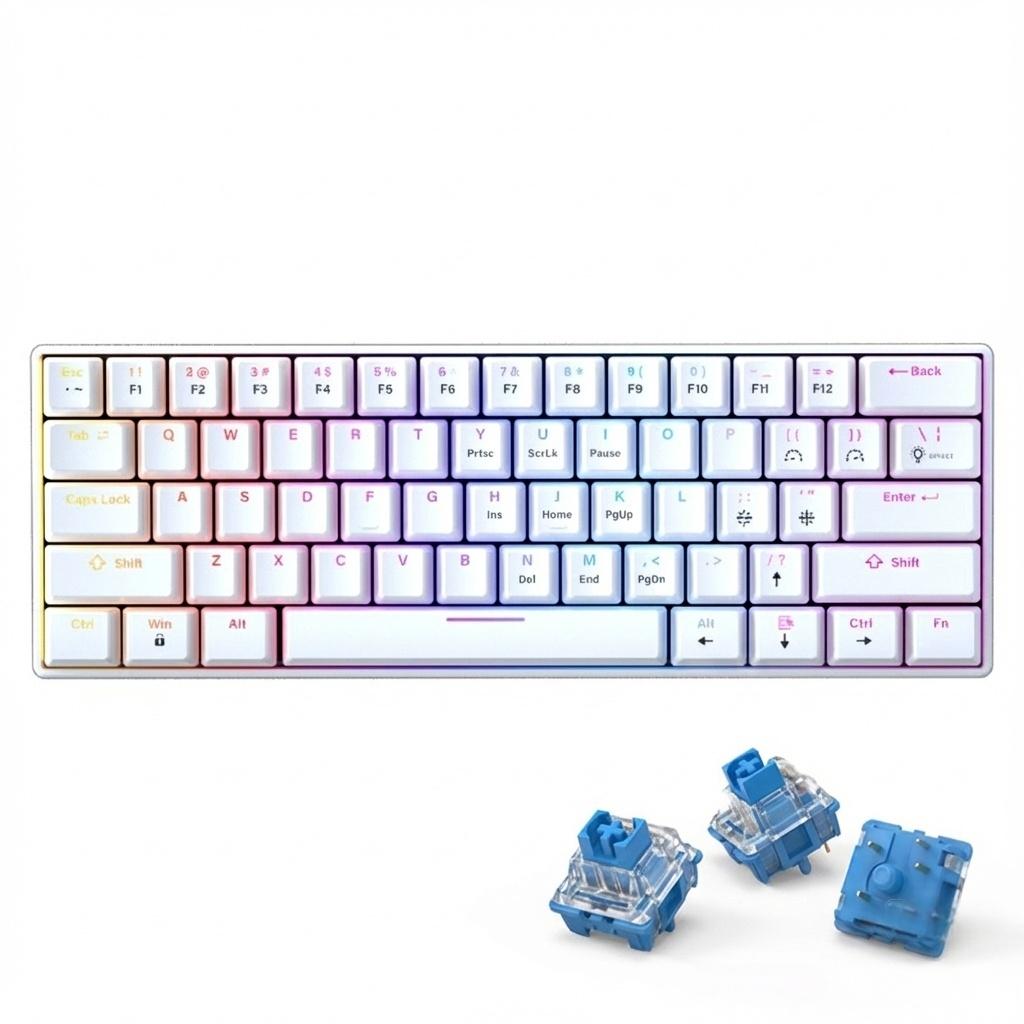 Teclado Mecánico 60% disposición, MINI 61 teclas, interruptor azul/rojo, Todas las teclas anti-ghosting， Cable USB-C, Grabado de caracteres españoles, 12 modos de iluminación，iluminación RGB de teclas completo,compatible con PC, tablet y consolas Xbox