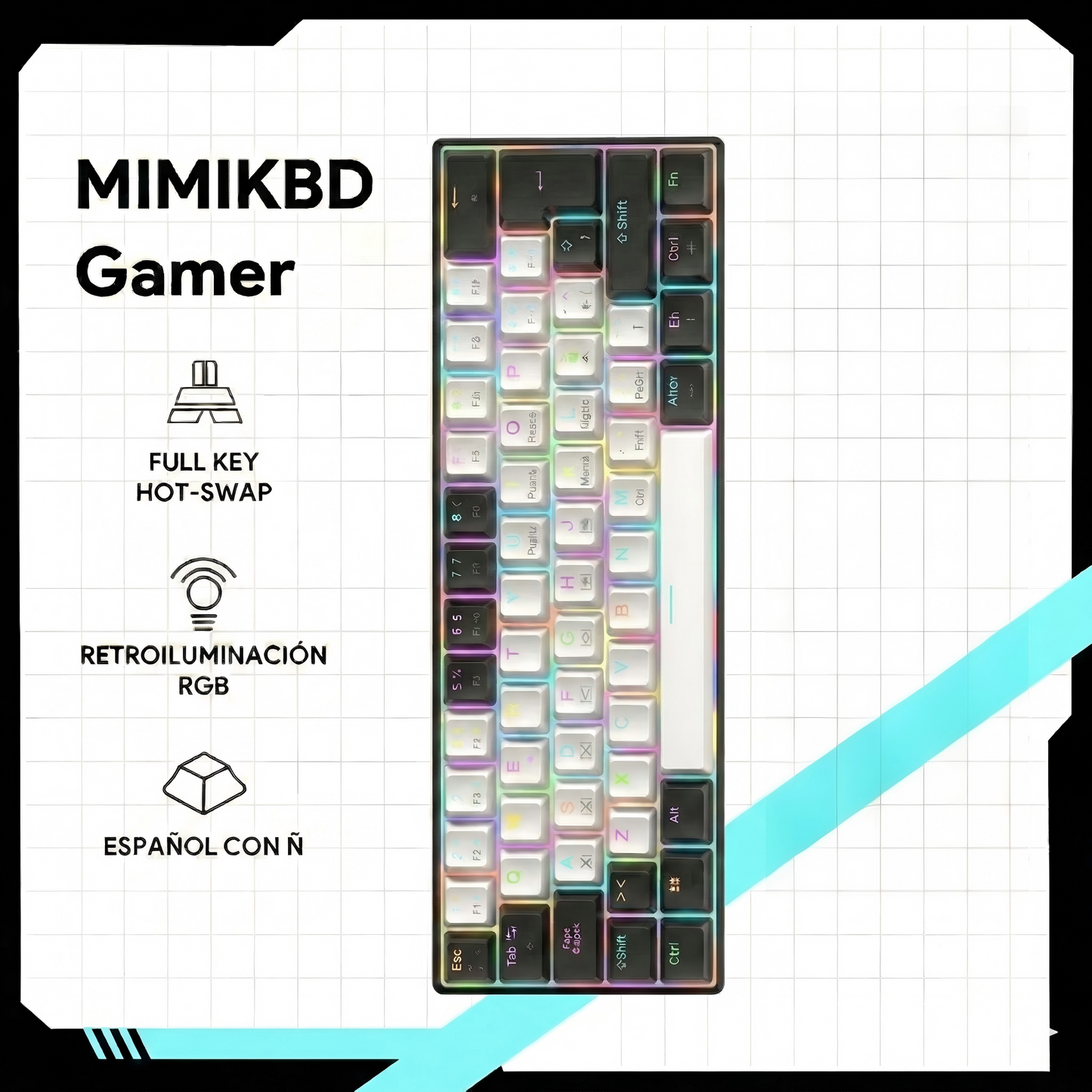 Teclado Mecánico 60%- MINI 61 teclas con interruptor azul-Cable USB-C- Español-3PIN HotSwap-anti-ghosting completo-iluminación RGB de teclas completo，12 modos de iluminación-Compatible con PC, tabletas, Xbox y otras consolas de juegos