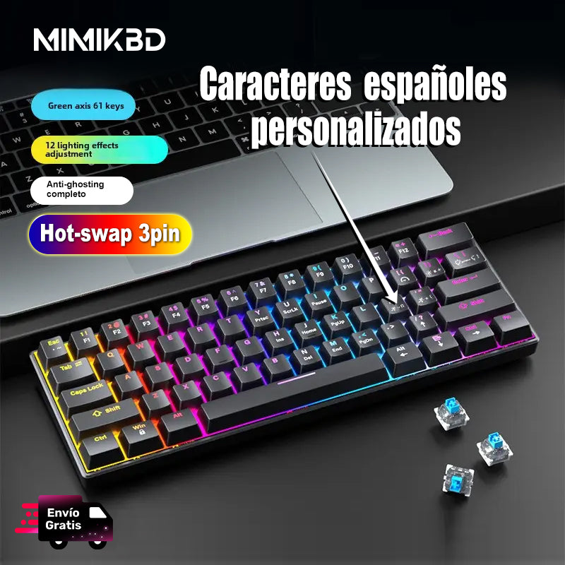 Teclado Mecánico 60% disposición, MINI 61 teclas, interruptor azul/rojo, Todas las teclas anti-ghosting， Cable USB-C, Grabado de caracteres españoles, 12 modos de iluminación，iluminación RGB de teclas completo,compatible con PC, tablet y consolas Xbox