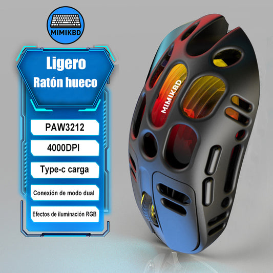 Este ratón inalámbrico utiliza el chip PAW3212 y admite conexión Bluetooth, 2.4G . Iluminación RGB y una sensibilidad DPI máxima de 4800 ,Su diseño ligero pesa tan solo 69 g，Ideal para juegos y trabajo de oficina, compatible con XBOX, PS, etc.
