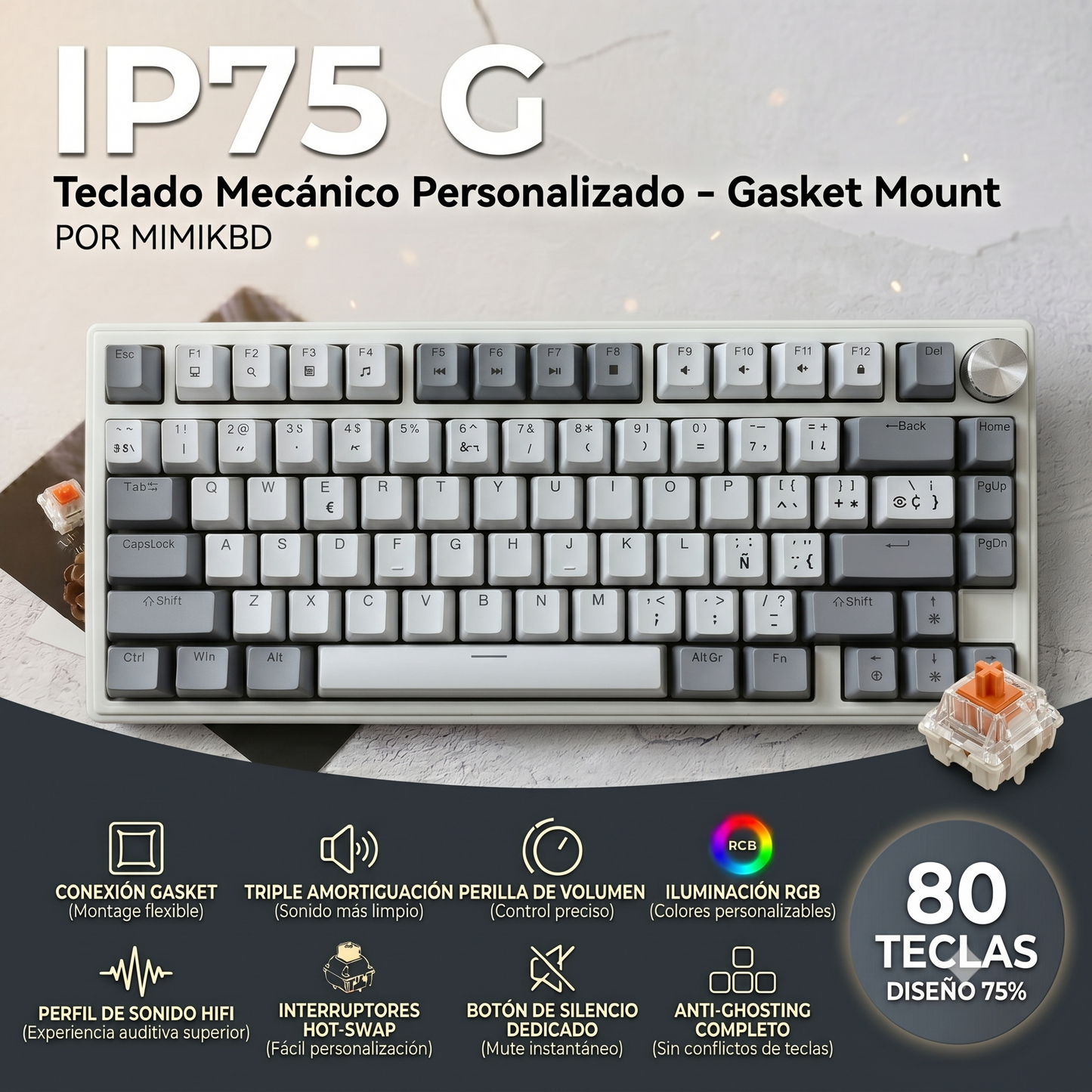 MIMIKBD Teclado Mecánico RGB 75% Interruptores de teclado lineales naranjas Con Cable Usb-c  IP75 G, Teclas PBT, Caracteres grabados en el lateral- Hot-swap, 26teclas anti-ghosting-con Perilla multifunción Gamers