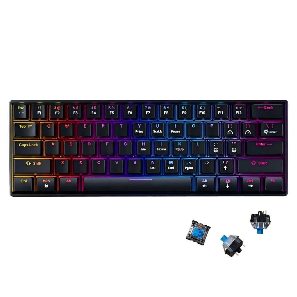 Teclado Mecánico 60% disposición, MINI 61 teclas, interruptor azul/rojo, Todas las teclas anti-ghosting， Cable USB-C, Grabado de caracteres españoles, 12 modos de iluminación，iluminación RGB de teclas completo,compatible con PC, tablet y consolas Xbox