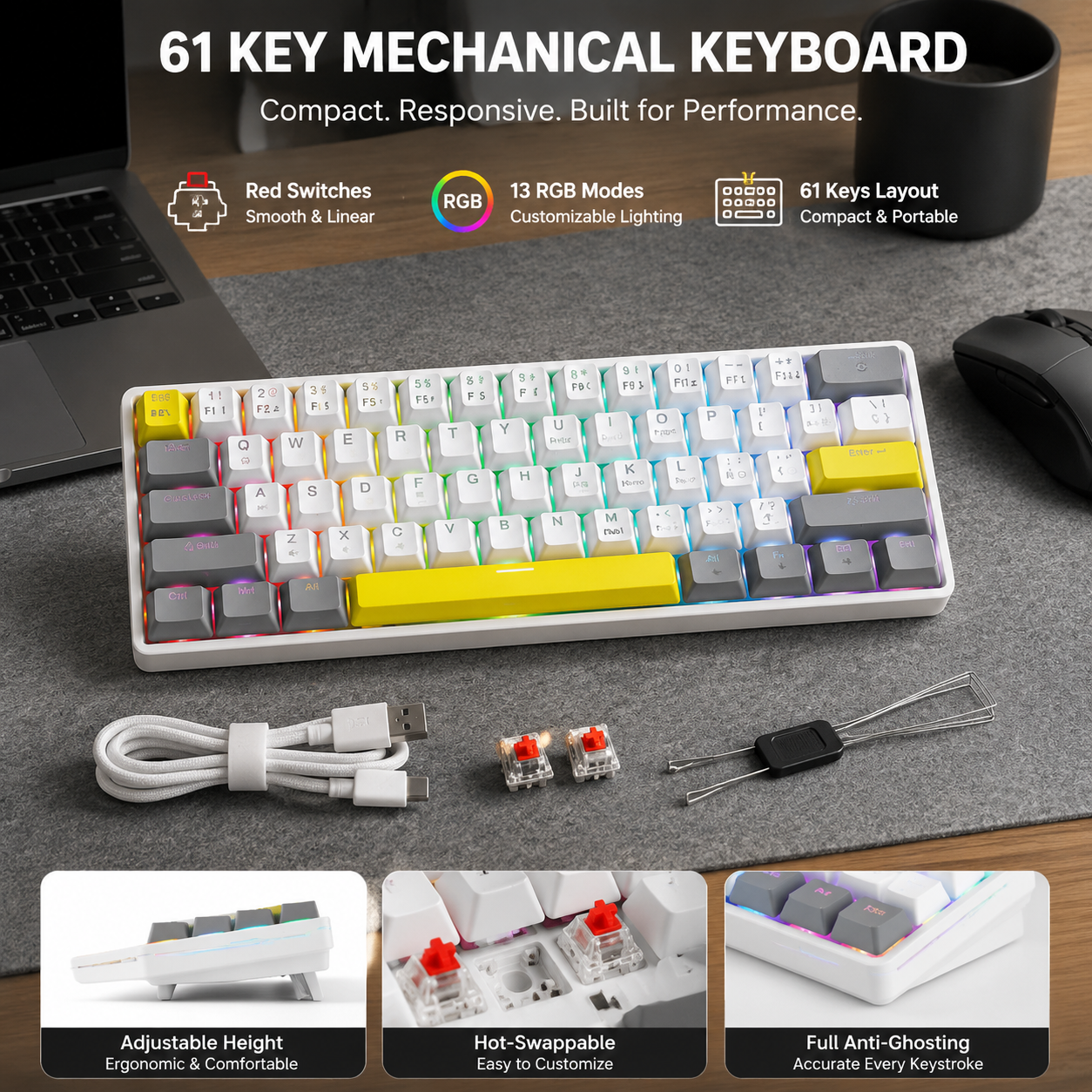 MIMIKBD Teclado mecánico compacto del 60% cuenta con retroiluminación RGB, 61teclas，Interruptor rojos, todo teclas anti-ghosting. Ofrece 12 efectos de luz; Contiene  Ñ; Con una vibrante combinación de colores , Adjuste de brillo y velocidad con teclas