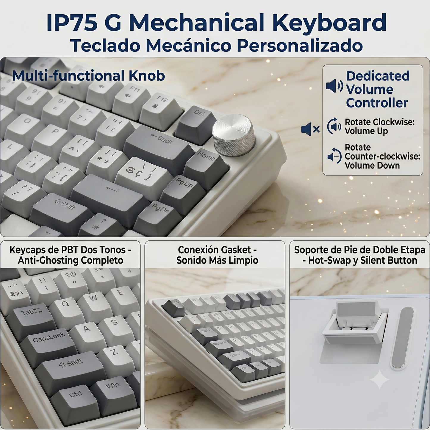 MIMIKBD Teclado Mecánico RGB 75% Interruptores de teclado lineales naranjas Con Cable Usb-c  IP75 G, Teclas PBT, Caracteres grabados en el lateral- Hot-swap, 26teclas anti-ghosting-con Perilla multifunción Gamers