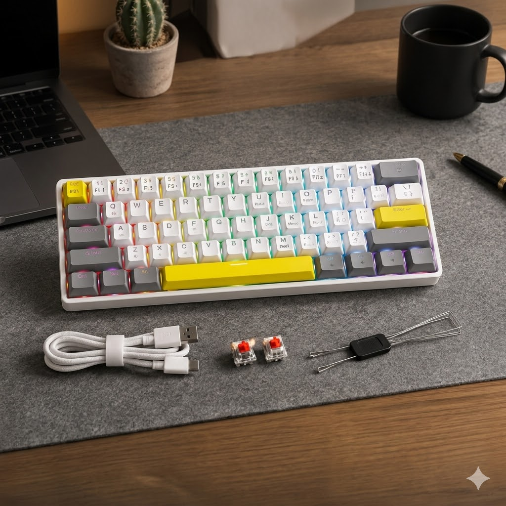 MIMIKBD Teclado mecánico compacto del 60% cuenta con retroiluminación RGB, 61teclas，Interruptor rojos, todo teclas anti-ghosting. Ofrece 12 efectos de luz; Contiene  Ñ; Con una vibrante combinación de colores , Adjuste de brillo y velocidad con teclas