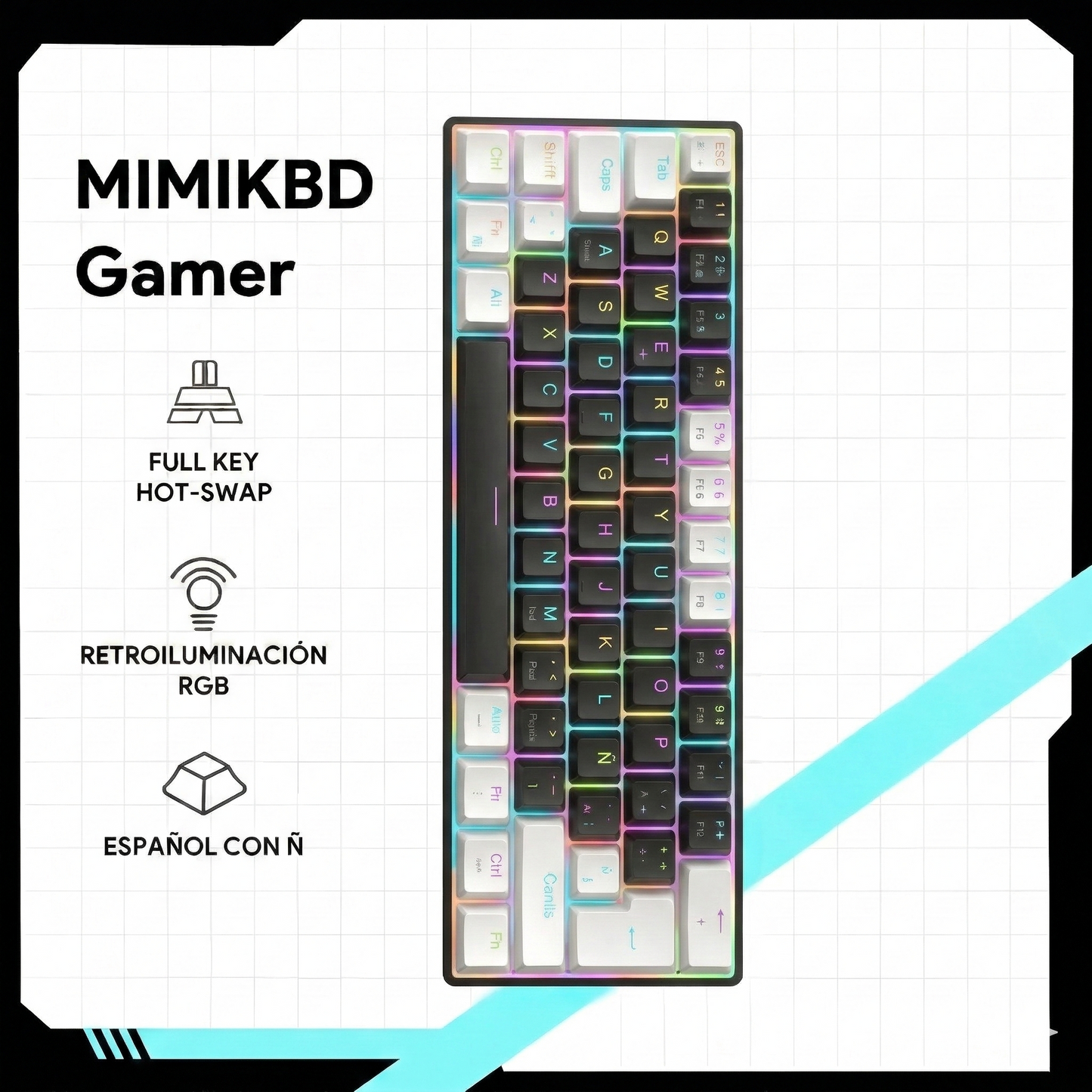 Teclado Mecánico 60%- MINI 61 teclas con interruptor azul-Cable USB-C- Español-3PIN HotSwap-anti-ghosting completo-iluminación RGB de teclas completo，12 modos de iluminación-Compatible con PC, tabletas, Xbox y otras consolas de juegos