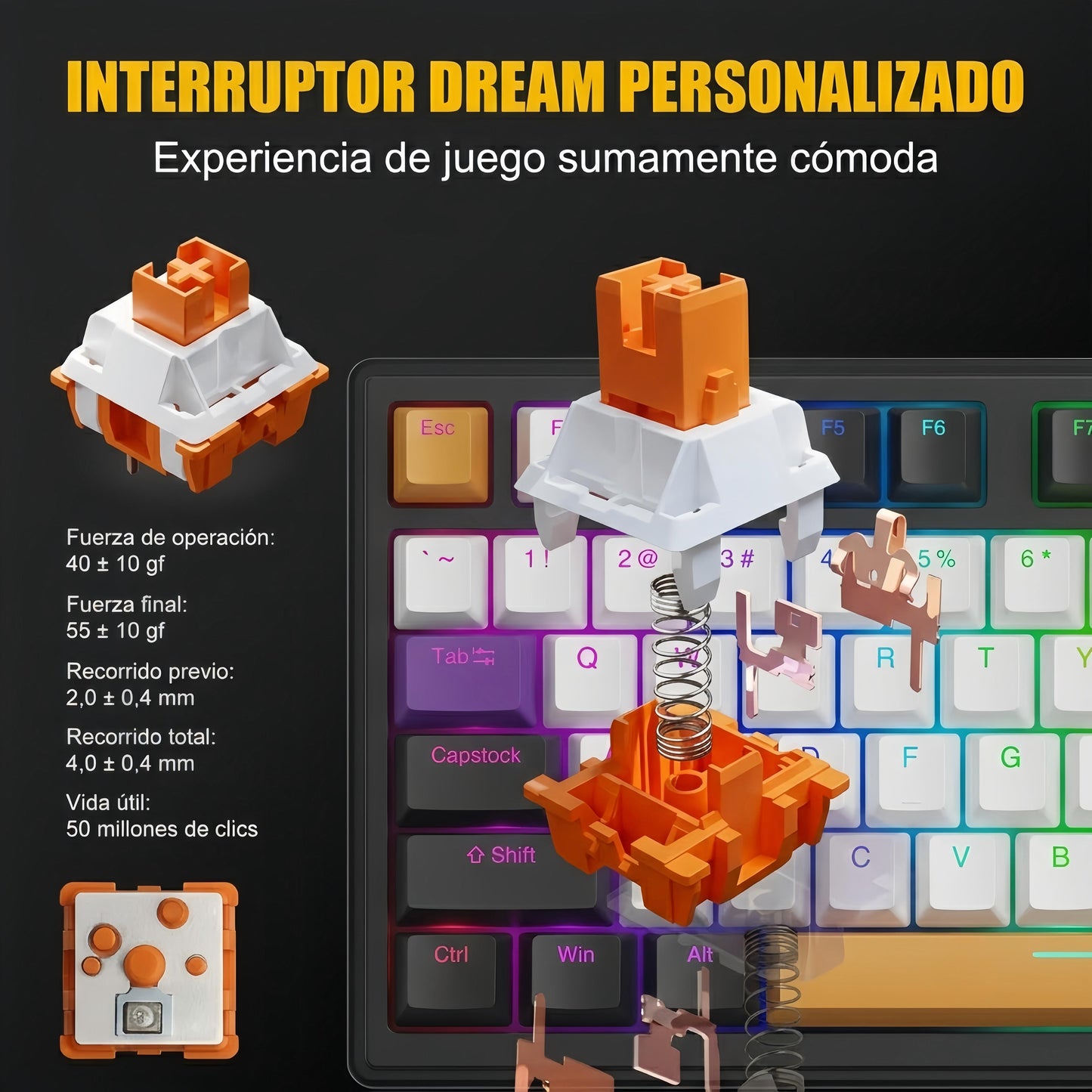 MIMIKBD Teclado Mecánico RGB 75% Interruptores de teclado lineales naranjas Con Cable Usb-c  G75, Teclas PBT, Caracteres grabados en el lateral- Hot-swap, 26teclas anti-ghosting-con Perilla multifunción Gamers