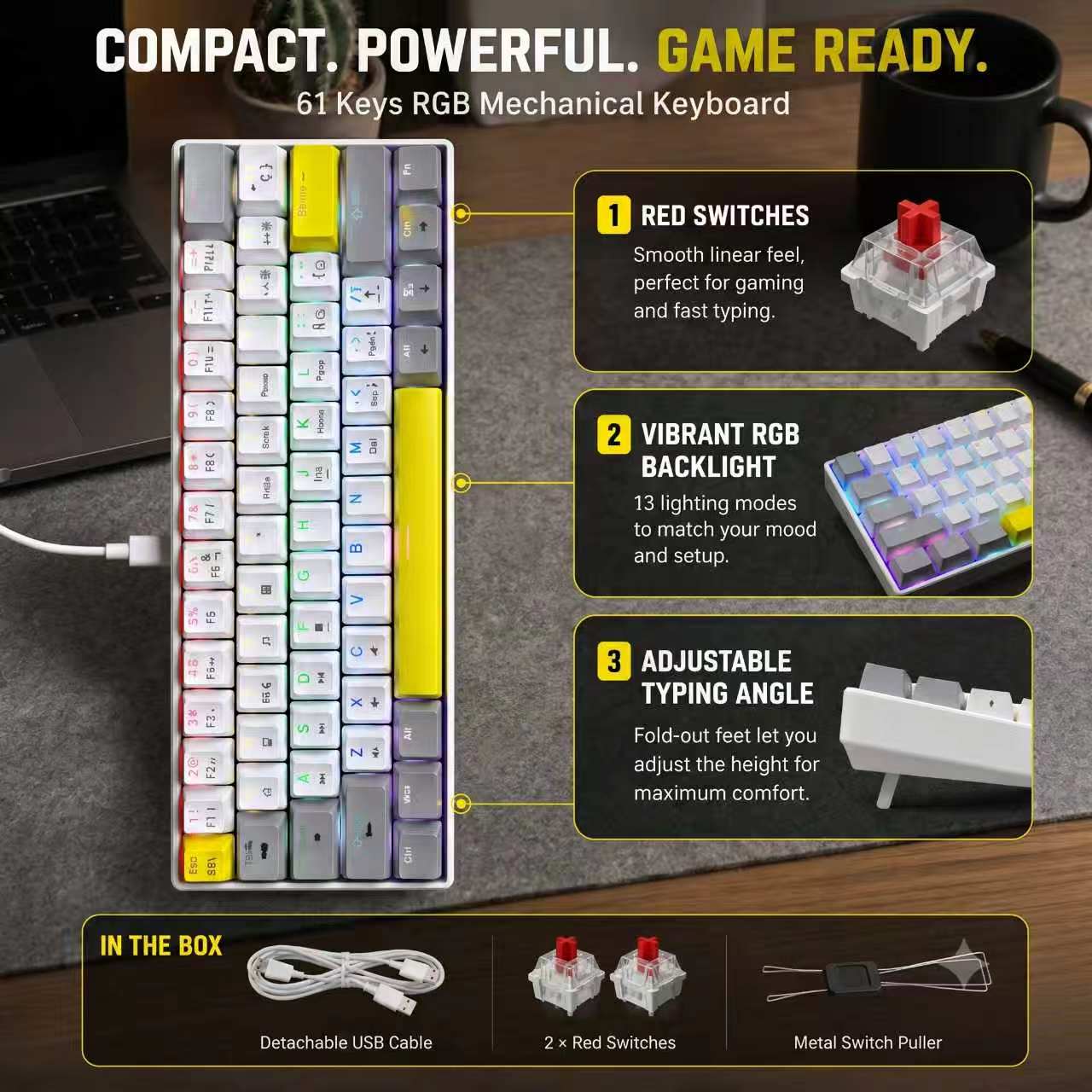 MIMIKBD Teclado mecánico compacto del 60% cuenta con retroiluminación RGB, 61teclas，Interruptor rojos, todo teclas anti-ghosting. Ofrece 12 efectos de luz; Contiene  Ñ; Con una vibrante combinación de colores , Adjuste de brillo y velocidad con teclas