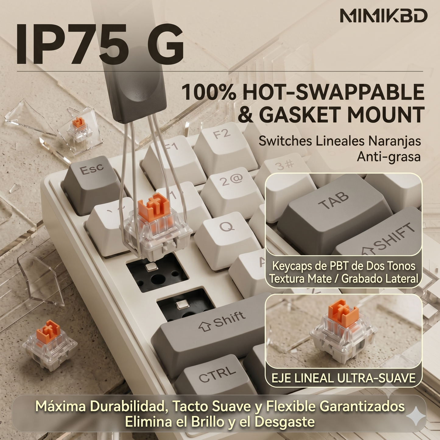 MIMIKBD Teclado Mecánico RGB 75% Interruptores de teclado lineales naranjas Con Cable Usb-c  IP75 G, Teclas PBT, Caracteres grabados en el lateral- Hot-swap, 26teclas anti-ghosting-con Perilla multifunción Gamers