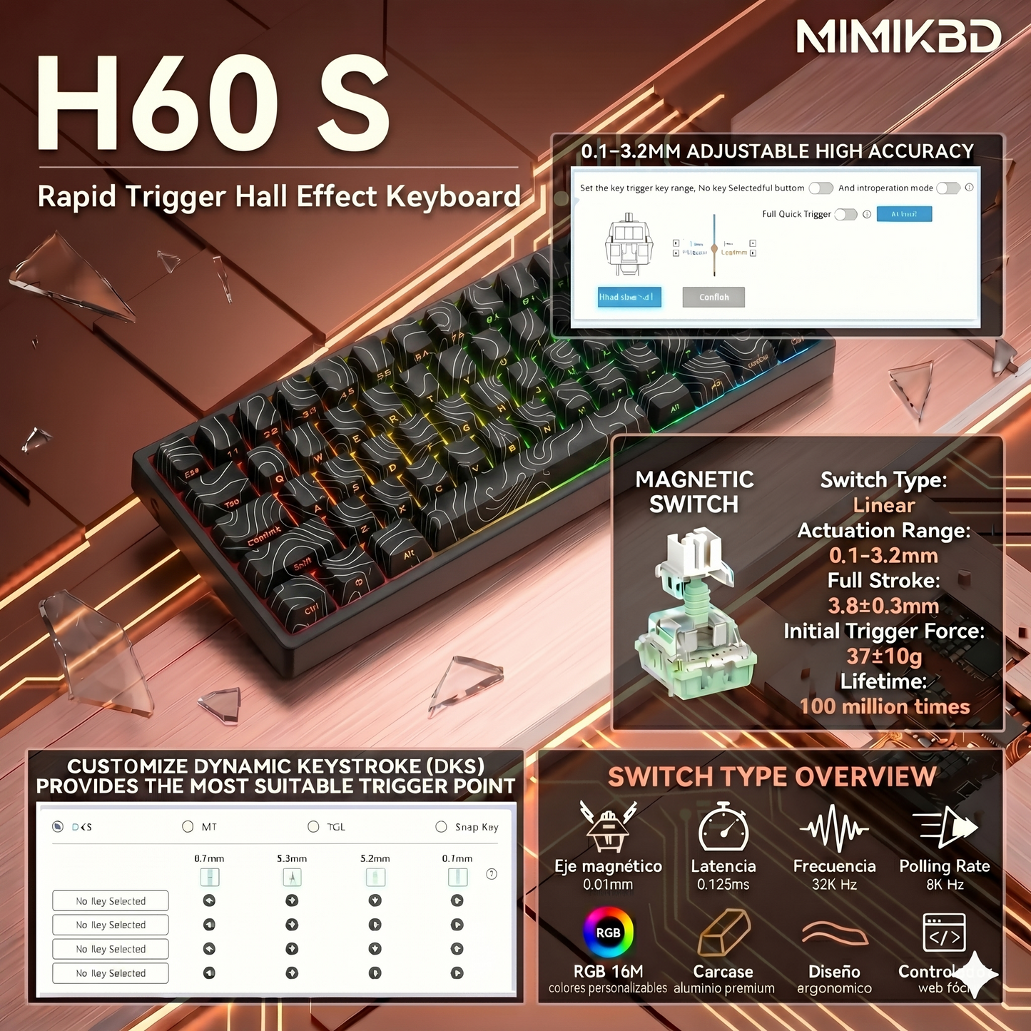 Teclado mecánico magnético de 61 teclas, teclado para juegos con cable, tasa de sondeo de 8K, precisión de tiempo de respuesta de 0,01 mm, latencia de 0,125 ms, teclas PBT de color blanco puro con impresión lateral, retroiluminación RGB