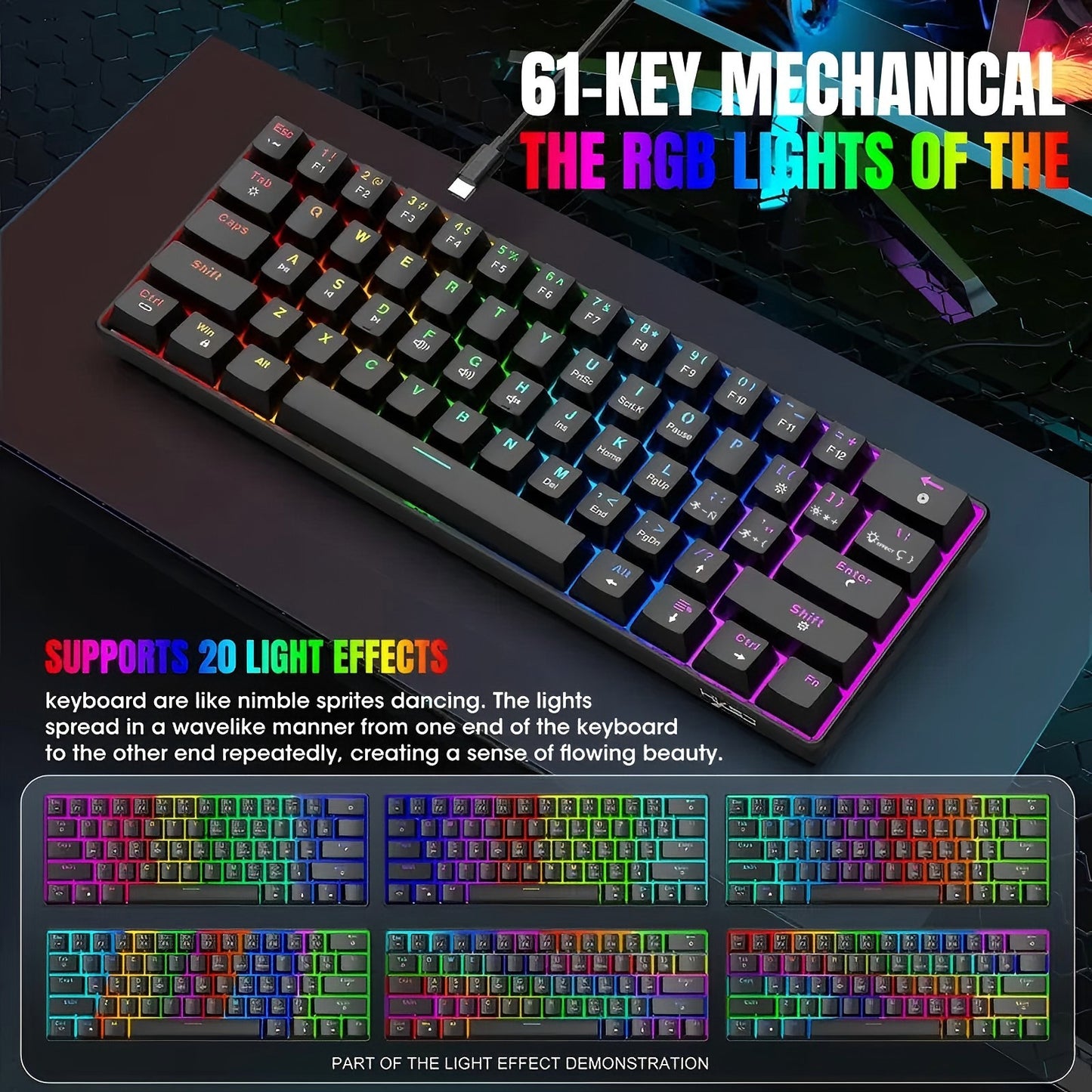 Teclado Mecánico 60% disposición, MINI 61 teclas, interruptor azul/rojo, Todas las teclas anti-ghosting， Cable USB-C, Grabado de caracteres españoles, 12 modos de iluminación，iluminación RGB de teclas completo,compatible con PC, tablet y consolas Xbox