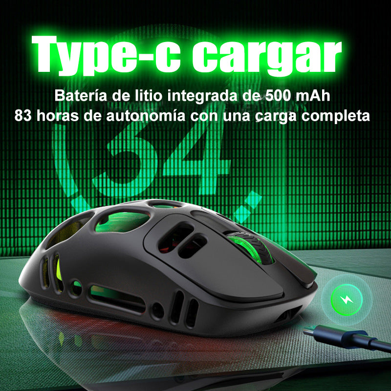 Este ratón inalámbrico utiliza el chip PAW3212 y admite conexión Bluetooth, 2.4G . Iluminación RGB y una sensibilidad DPI máxima de 4800 ,Su diseño ligero pesa tan solo 69 g，Ideal para juegos y trabajo de oficina, compatible con XBOX, PS, etc.