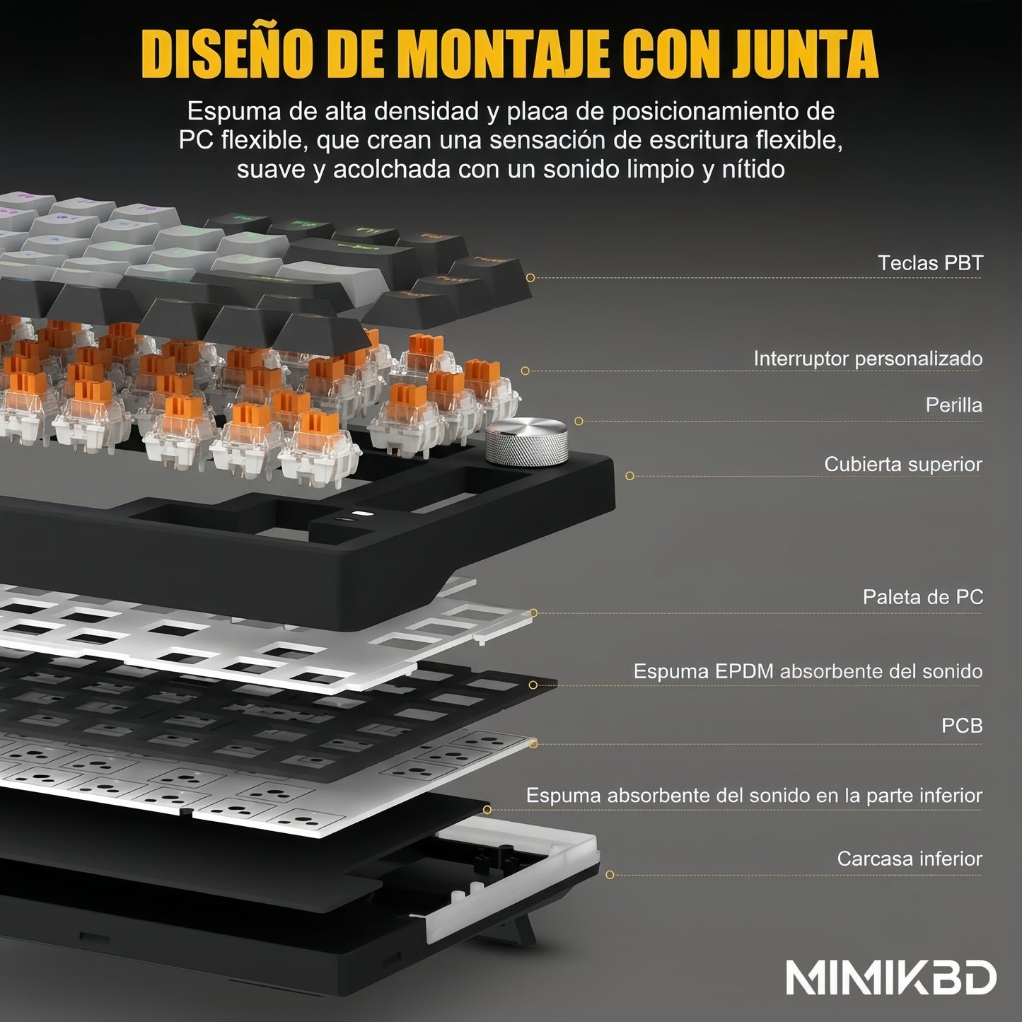 MIMIKBD Teclado Mecánico RGB 75% Interruptores de teclado lineales naranjas Con Cable Usb-c  G75, Teclas PBT, Caracteres grabados en el lateral- Hot-swap, 26teclas anti-ghosting-con Perilla multifunción Gamers