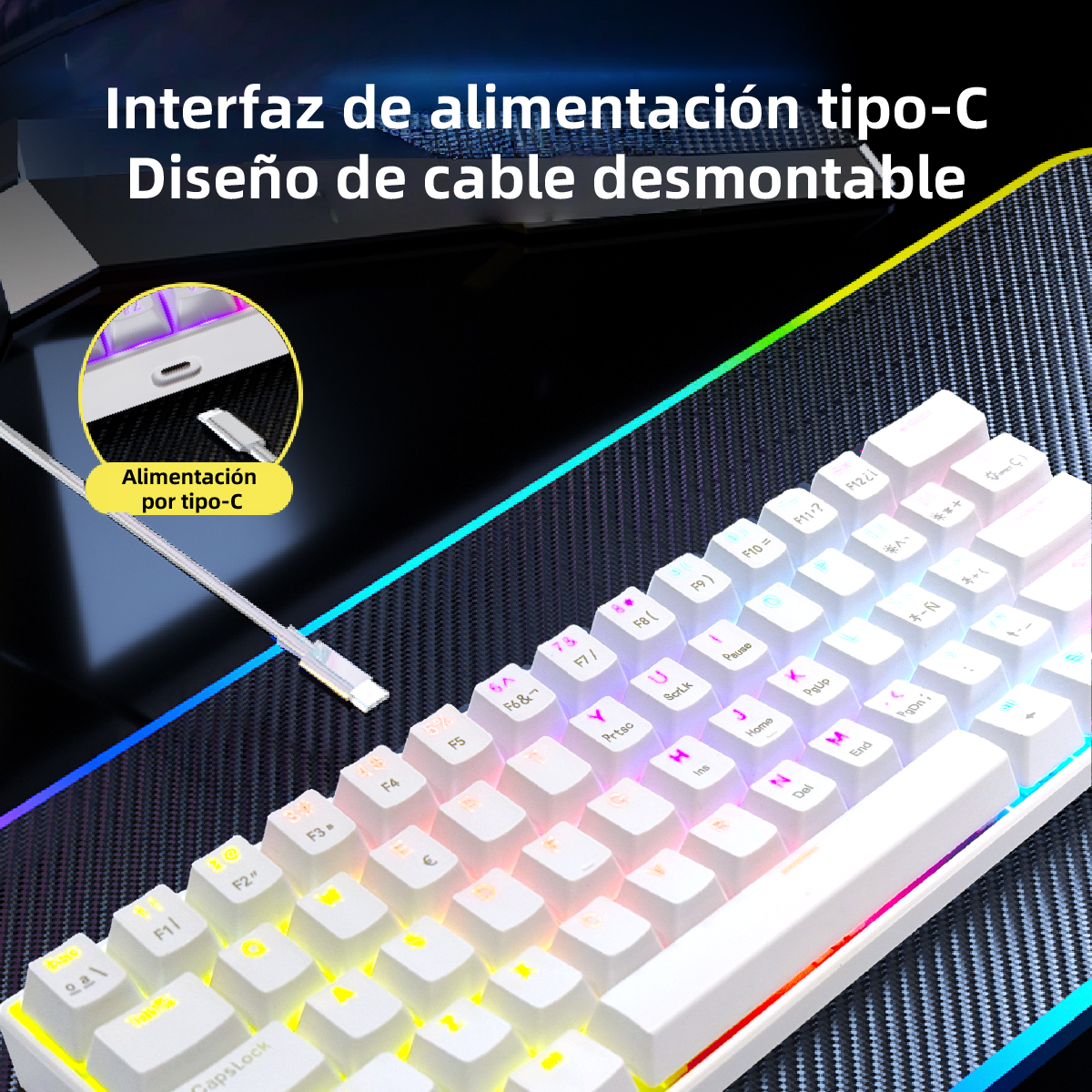Teclado Mecánico 60% disposición, MINI 61 teclas, interruptor azul/rojo, Todas las teclas anti-ghosting， Cable USB-C, Grabado de caracteres españoles, 12 modos de iluminación，iluminación RGB de teclas completo,compatible con PC, tablet y consolas Xbox