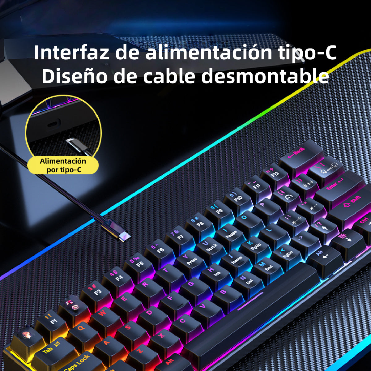 Teclado Mecánico 60% disposición, MINI 61 teclas, interruptor azul/rojo, Todas las teclas anti-ghosting， Cable USB-C, Grabado de caracteres españoles, 12 modos de iluminación，iluminación RGB de teclas completo,compatible con PC, tablet y consolas Xbox