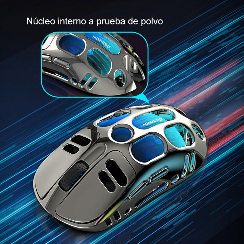 Este ratón inalámbrico utiliza el chip PAW3212 y admite conexión Bluetooth, 2.4G . Iluminación RGB y una sensibilidad DPI máxima de 4800 ,Su diseño ligero pesa tan solo 69 g，Ideal para juegos y trabajo de oficina, compatible con XBOX, PS, etc.