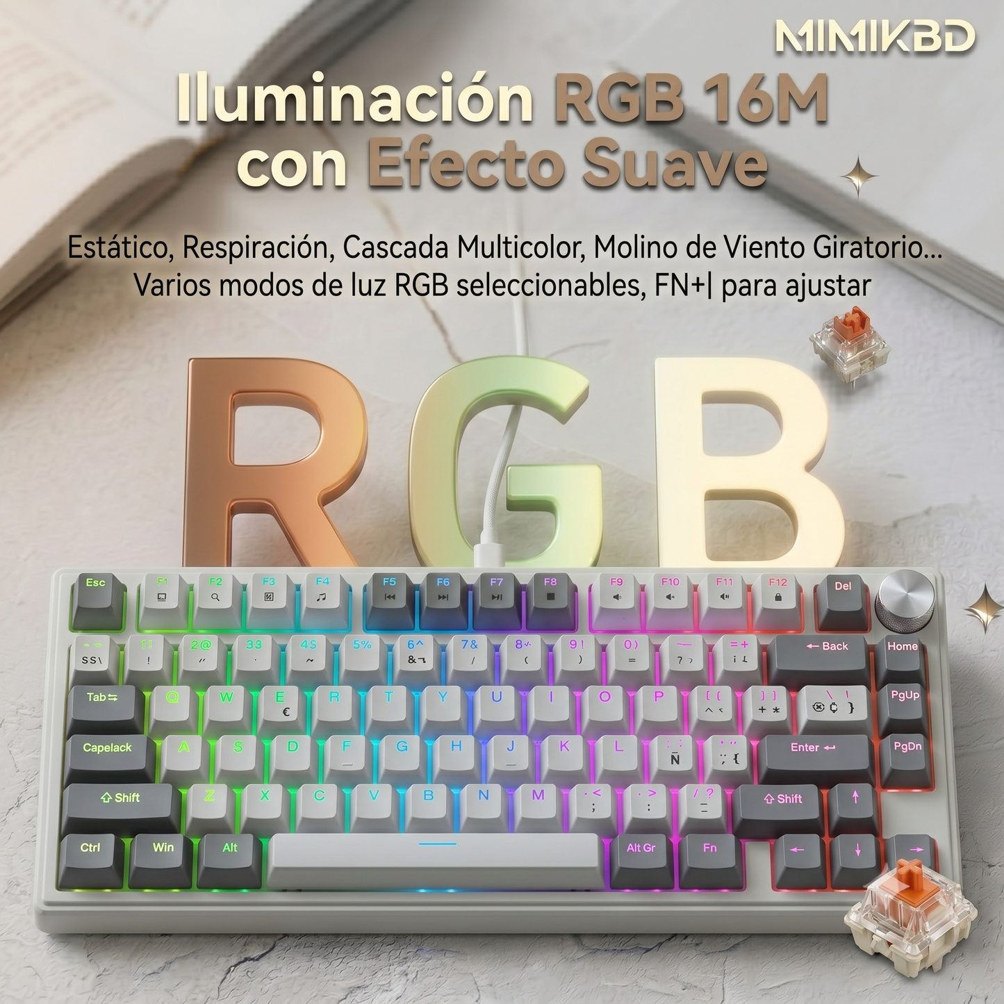 MIMIKBD Teclado Mecánico RGB 75% Interruptores de teclado lineales naranjas Con Cable Usb-c  IP75 G, Teclas PBT, Caracteres grabados en el lateral- Hot-swap, 26teclas anti-ghosting-con Perilla multifunción Gamers