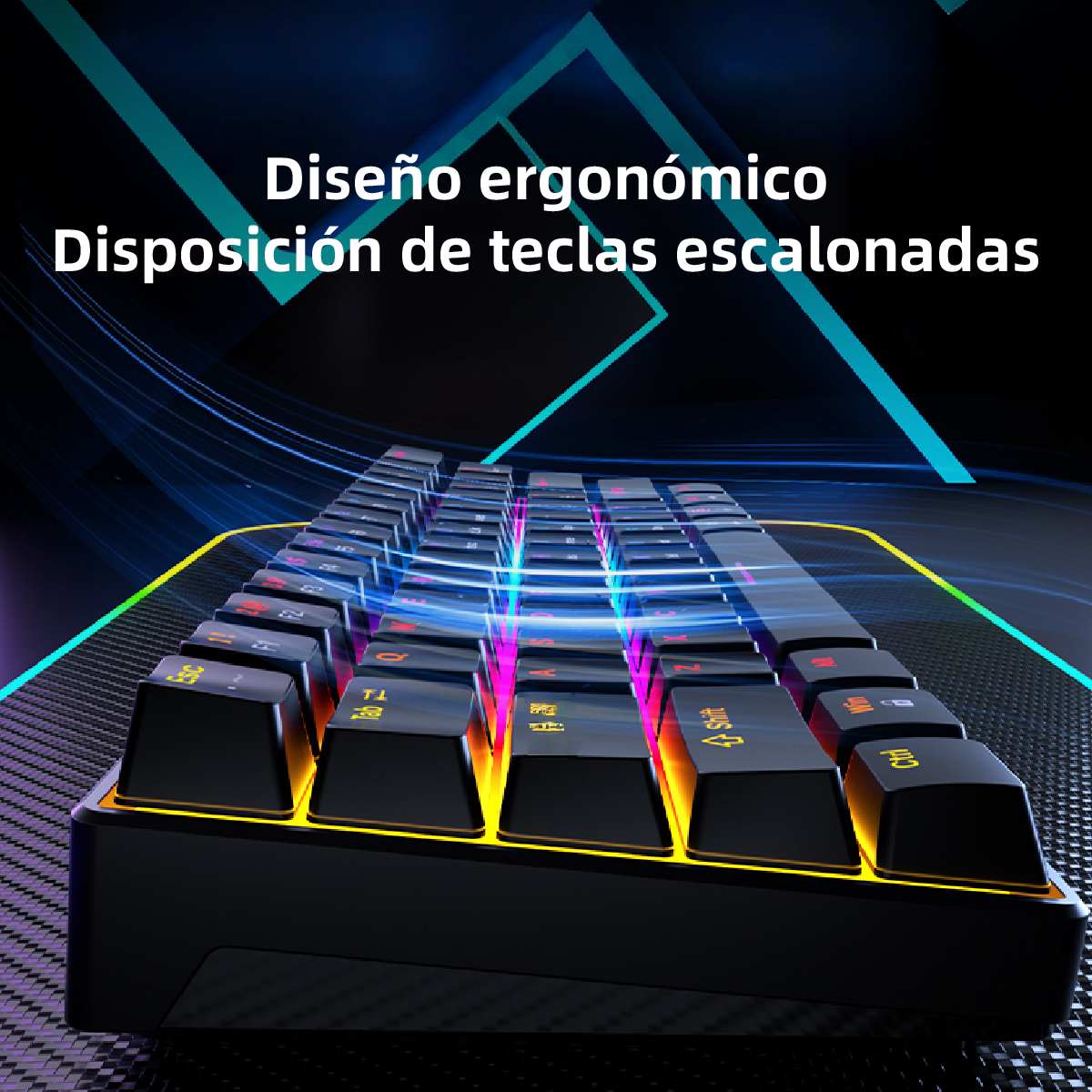 Teclado Mecánico 60% disposición, MINI 61 teclas, interruptor azul/rojo, Todas las teclas anti-ghosting， Cable USB-C, Grabado de caracteres españoles, 12 modos de iluminación，iluminación RGB de teclas completo,compatible con PC, tablet y consolas Xbox