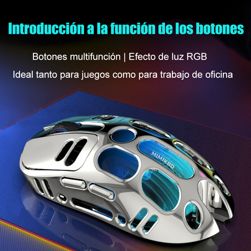 Este ratón inalámbrico utiliza el chip PAW3212 y admite conexión Bluetooth, 2.4G . Iluminación RGB y una sensibilidad DPI máxima de 4800 ,Su diseño ligero pesa tan solo 69 g，Ideal para juegos y trabajo de oficina, compatible con XBOX, PS, etc.