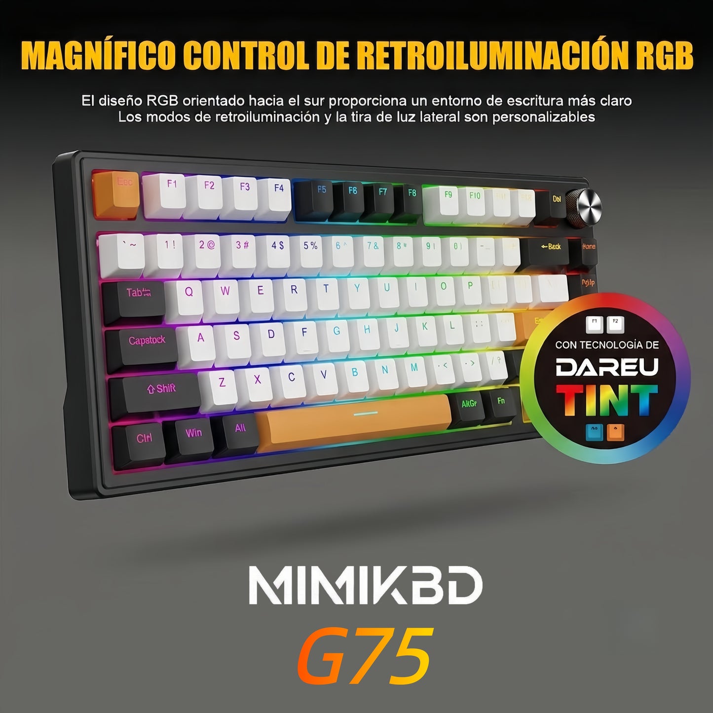 MIMIKBD Teclado Mecánico RGB 75% Interruptores de teclado lineales naranjas Con Cable Usb-c  G75, Teclas PBT, Caracteres grabados en el lateral- Hot-swap, 26teclas anti-ghosting-con Perilla multifunción Gamers