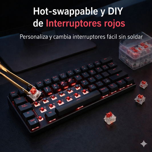 Teclado Mec¡nico 60% disposición, MINl 62 teclas,interruptor rojo, Hot-Swap, Todas las teclas anti-ghosting, Interruptores específicos del juego, CableUSB-C, Personalización en español, 12 modos deiluminación, iluminación RGB de teclas completo