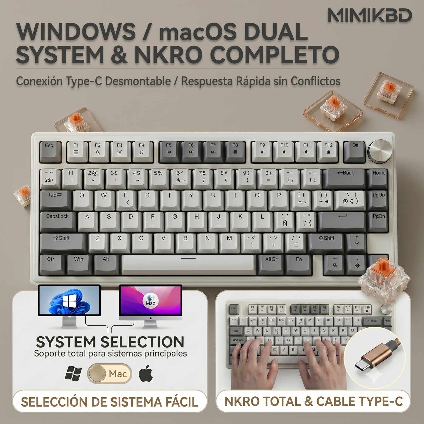 MIMIKBD Teclado Mecánico RGB 75% Interruptores de teclado lineales naranjas Con Cable Usb-c  IP75 G, Teclas PBT, Caracteres grabados en el lateral- Hot-swap, 26teclas anti-ghosting-con Perilla multifunción Gamers