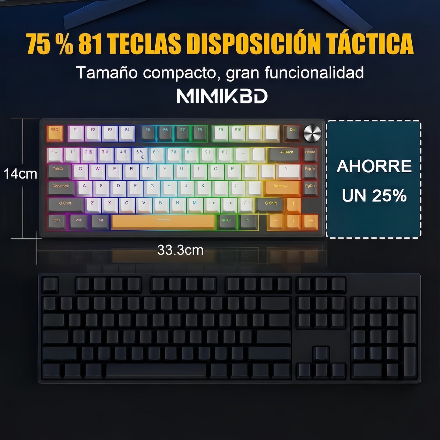 MIMIKBD Teclado Mecánico RGB 75% Interruptores de teclado lineales naranjas Con Cable Usb-c  G75, Teclas PBT, Caracteres grabados en el lateral- Hot-swap, 26teclas anti-ghosting-con Perilla multifunción Gamers