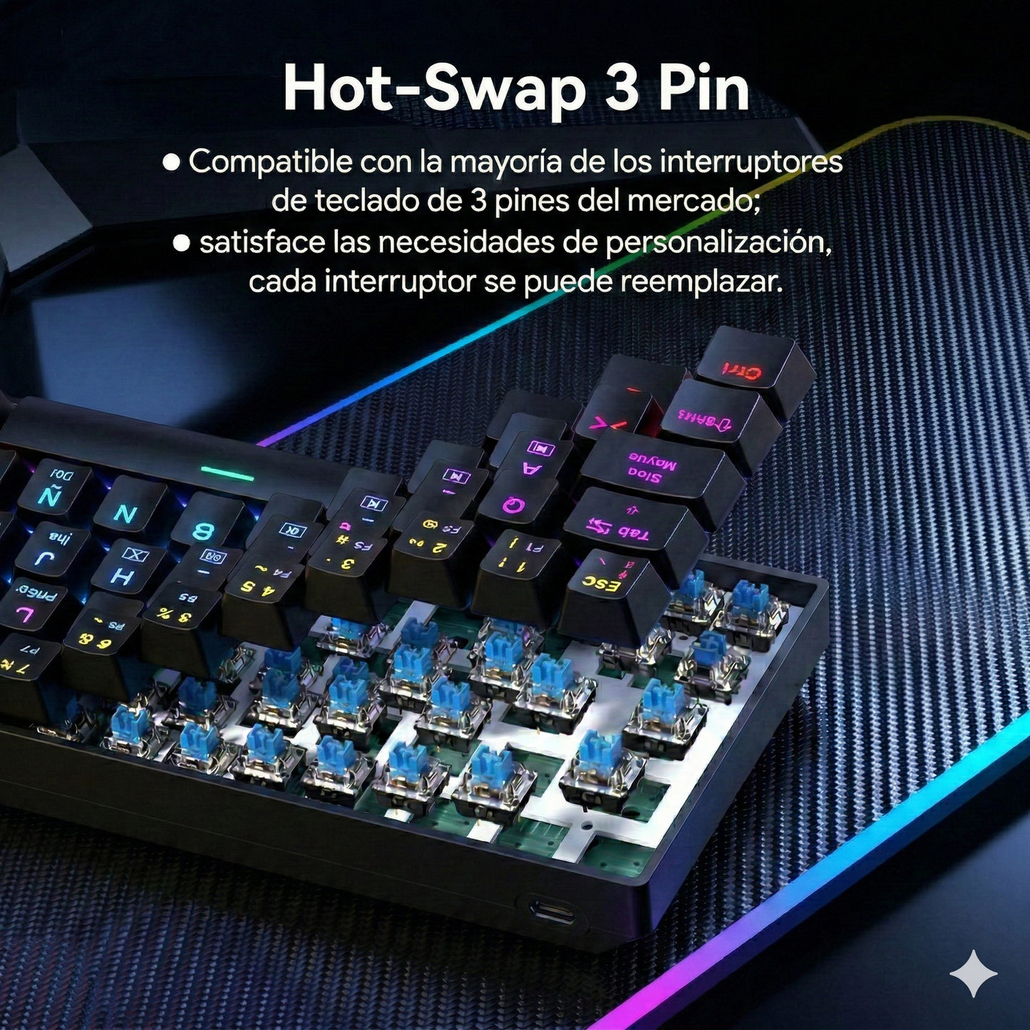 Teclado Mecánico 60% disposición, MINI 61 teclas, interruptor azul/rojo, Todas las teclas anti-ghosting， Cable USB-C, Grabado de caracteres españoles, 12 modos de iluminación，iluminación RGB de teclas completo,compatible con PC, tablet y consolas Xbox