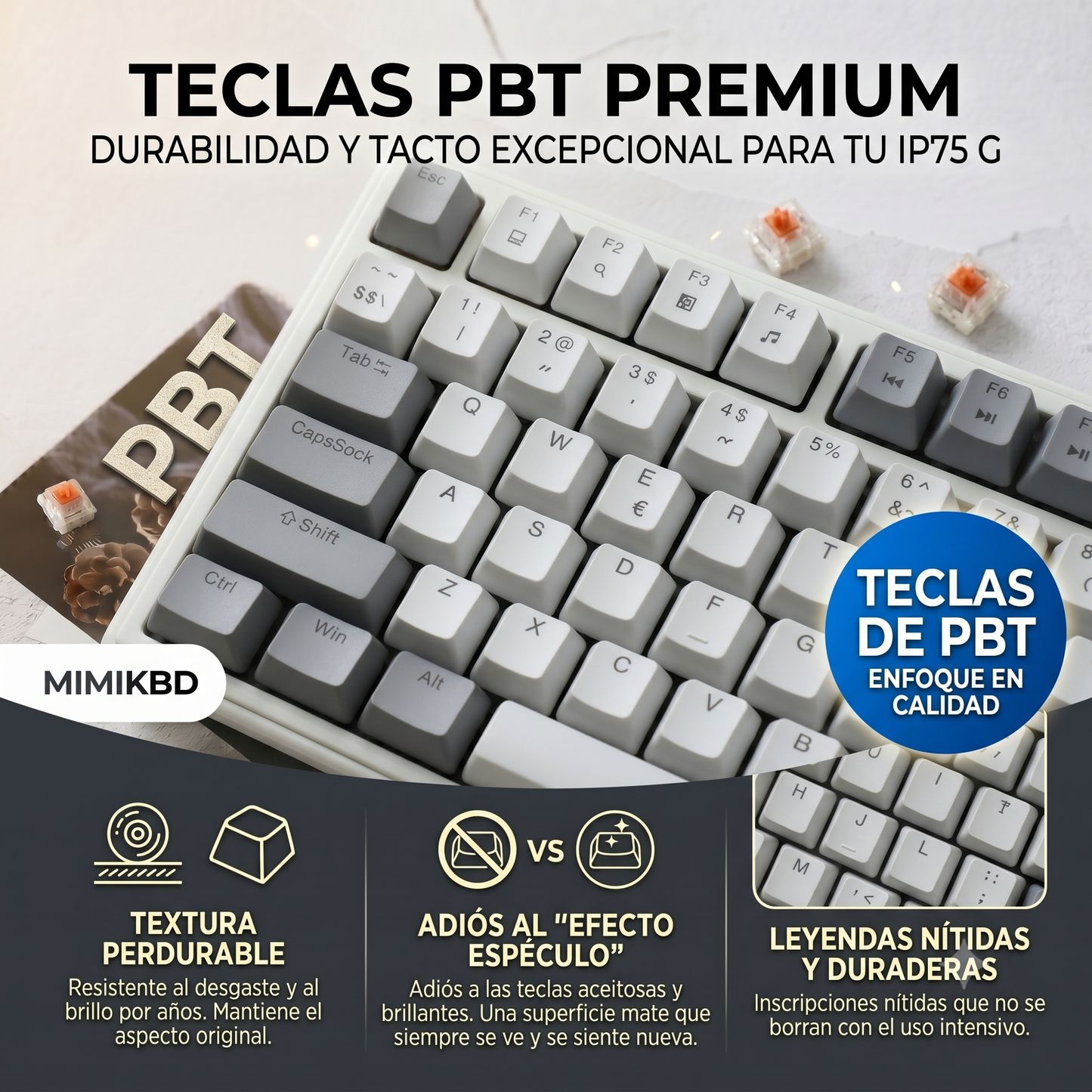 MIMIKBD Teclado Mecánico RGB 75% Interruptores de teclado lineales naranjas Con Cable Usb-c  IP75 G, Teclas PBT, Caracteres grabados en el lateral- Hot-swap, 26teclas anti-ghosting-con Perilla multifunción Gamers