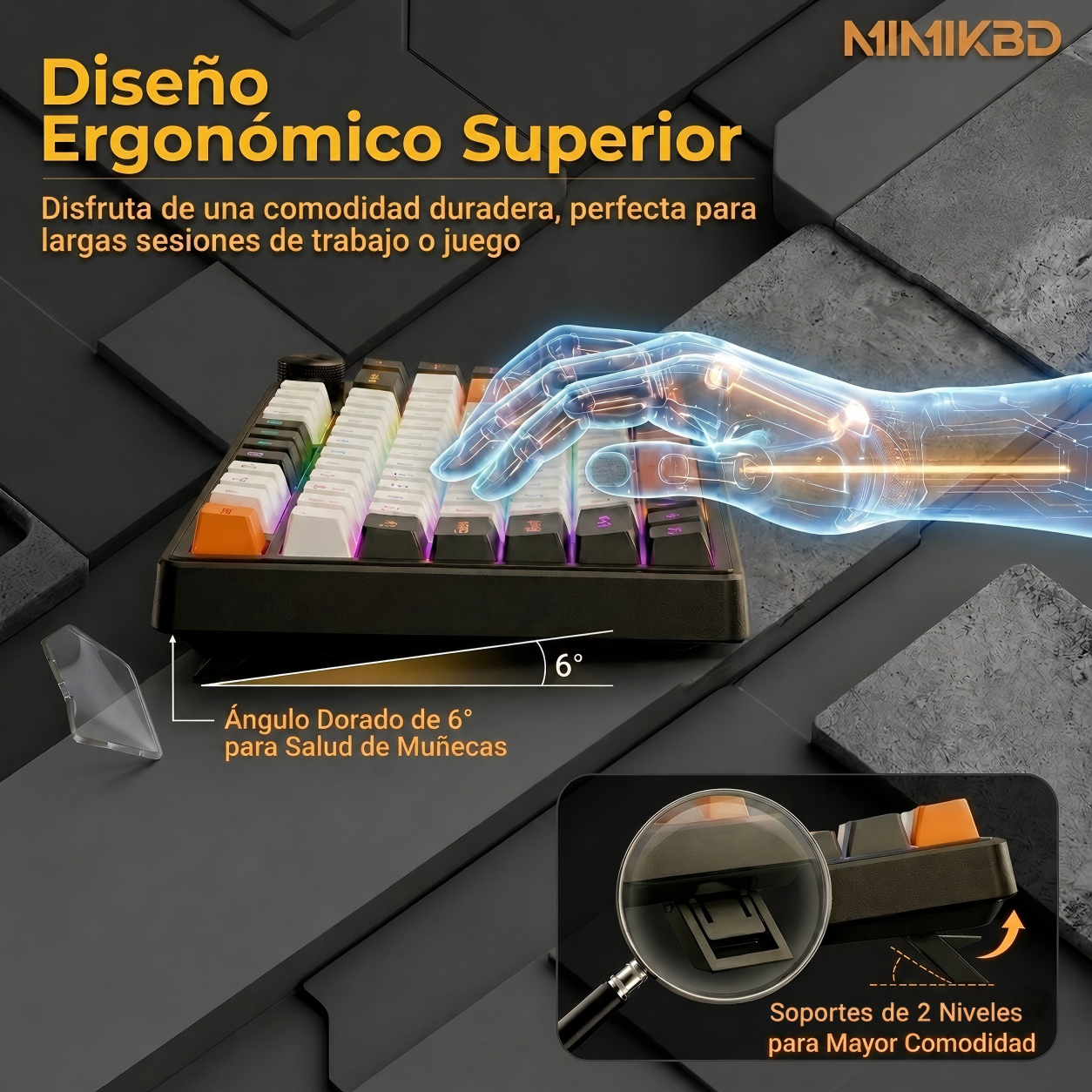 MIMIKBD Teclado Mecánico RGB 75% Interruptores de teclado lineales naranjas Con Cable Usb-c  G75, Teclas PBT, Caracteres grabados en el lateral- Hot-swap, 26teclas anti-ghosting-con Perilla multifunción Gamers