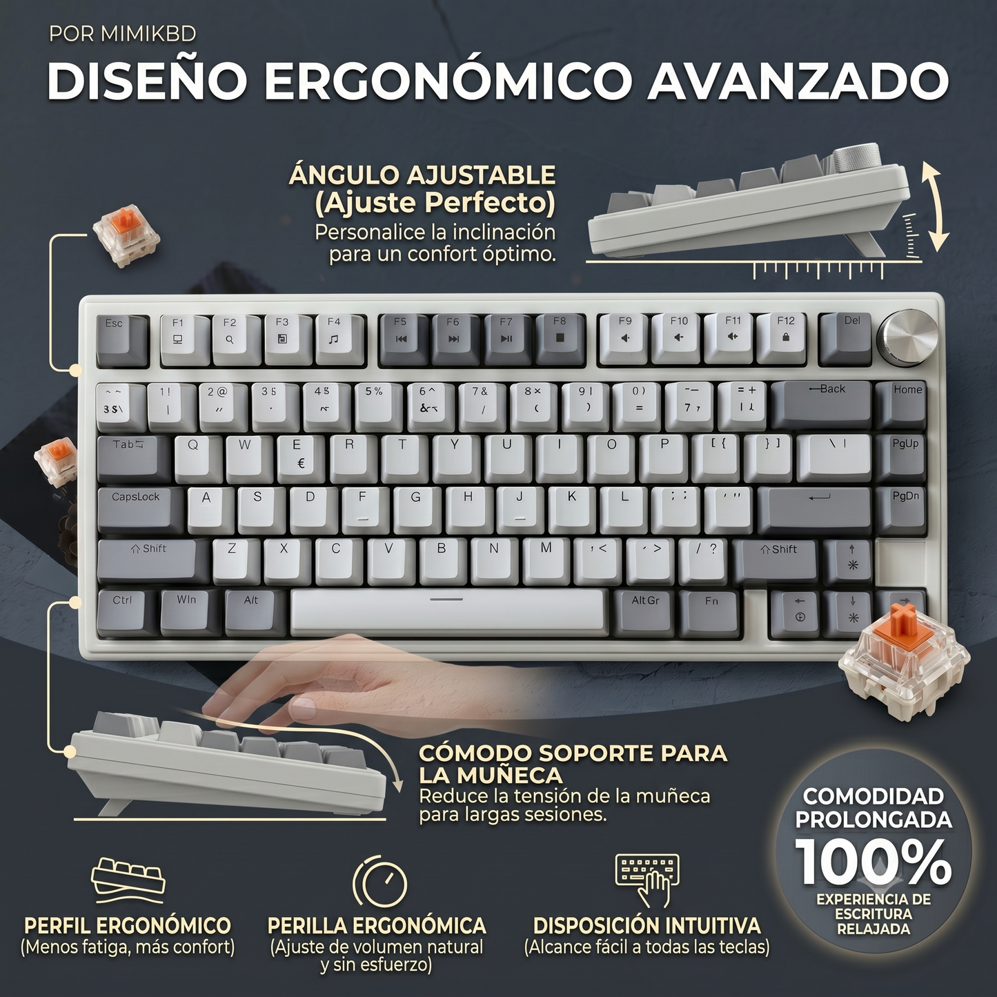 MIMIKBD Teclado Mecánico RGB 75% Interruptores de teclado lineales naranjas Con Cable Usb-c  IP75 G, Teclas PBT, Caracteres grabados en el lateral- Hot-swap, 26teclas anti-ghosting-con Perilla multifunción Gamers
