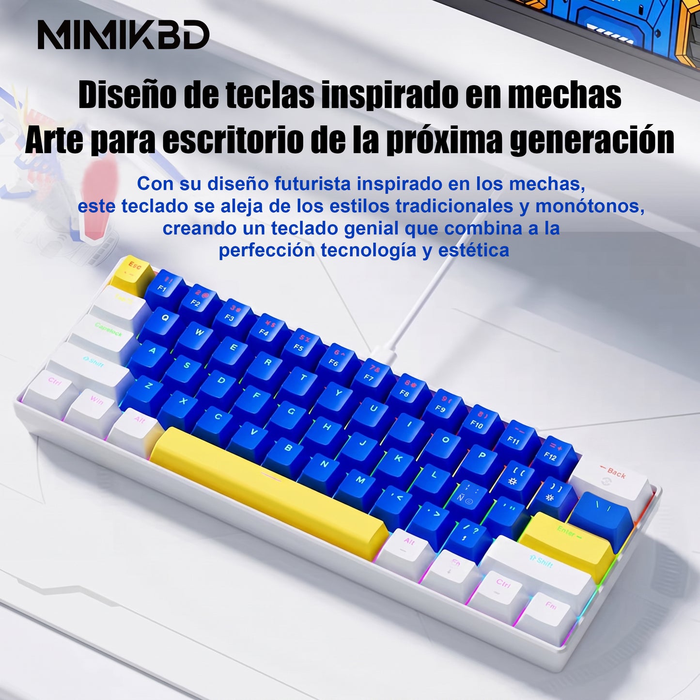 Teclado mecánico para juegos de 61 teclas con caracteres españoles, teclado con cable azul, blanco y dorado inspirado en Gundam, interruptores lineales rojos, 13 modos de retroiluminación RGB, cable USB-C desmontable, para jugadores de PC FPS.