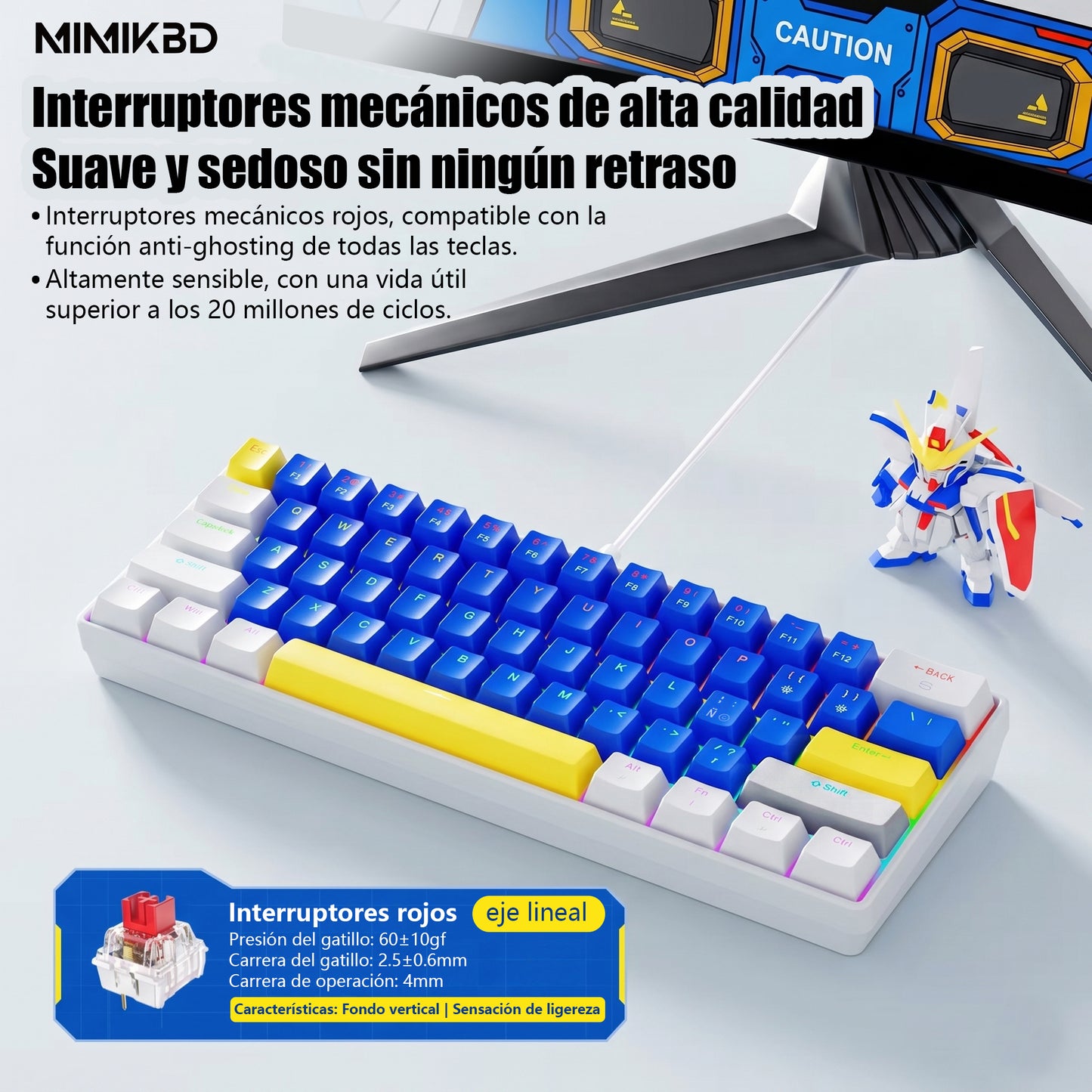 Teclado mecánico para juegos de 61 teclas con caracteres españoles, teclado con cable azul, blanco y dorado inspirado en Gundam, interruptores lineales rojos, 13 modos de retroiluminación RGB, cable USB-C desmontable, para jugadores de PC FPS.