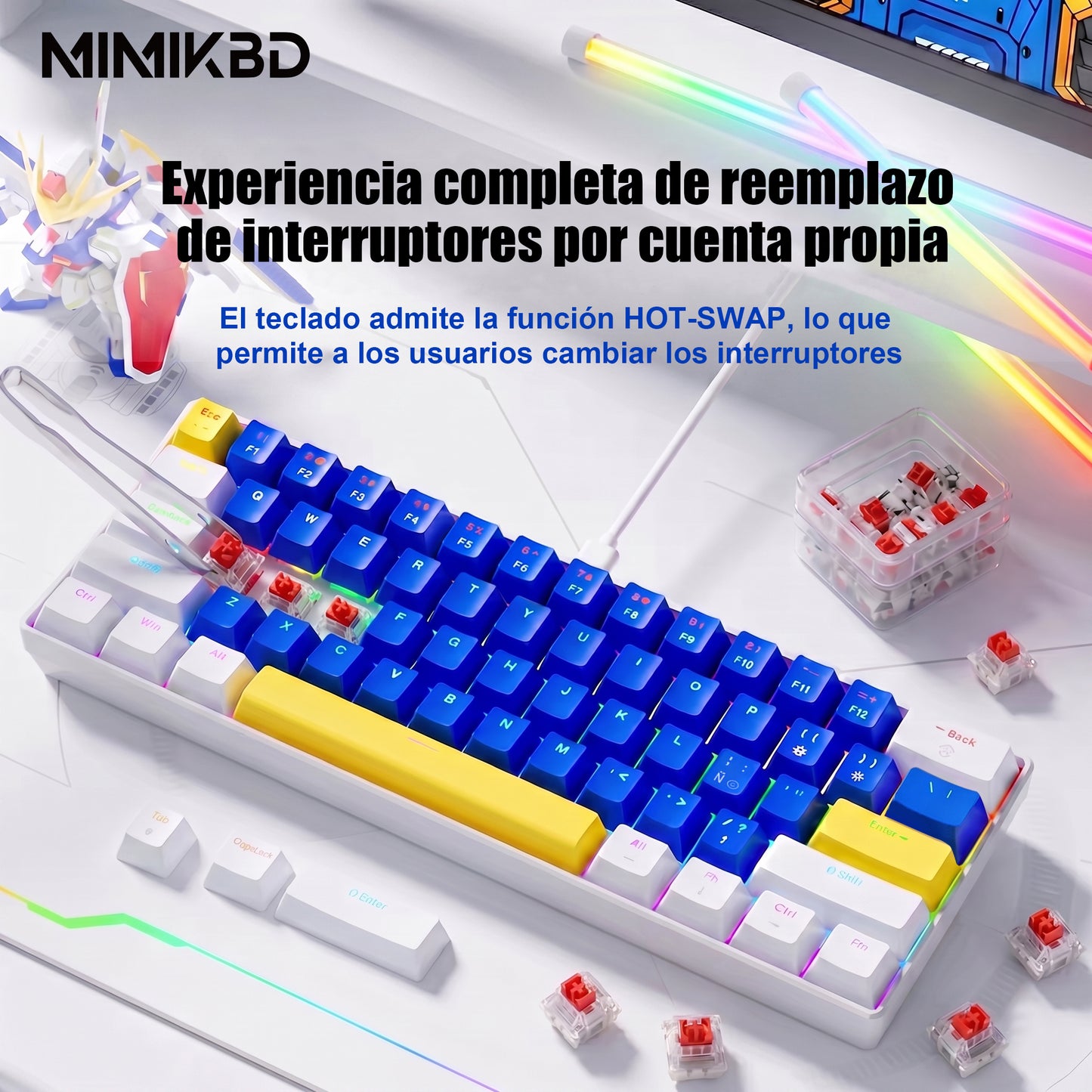 Teclado mecánico para juegos de 61 teclas con caracteres españoles, teclado con cable azul, blanco y dorado inspirado en Gundam, interruptores lineales rojos, 13 modos de retroiluminación RGB, cable USB-C desmontable, para jugadores de PC FPS.