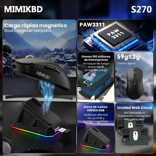 MIMIKBD S270 Ratón inalámbrico ligero con controlador web, chip PAW3311, admite Bluetooth | 2,4G | cable del puerto. Iluminado RGB y DPI máximo 12000, Frecuencia de retorno máxima 1000 Hz, solo 59g, adecuado para juegos de eSports y trabajo de oficina