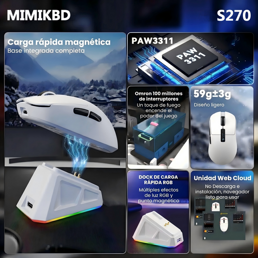 MIMIKBD S270 Ratón inalámbrico ligero con controlador web, chip PAW3311, admite Bluetooth | 2,4G | cable del puerto.Incluye pantalla LED y base de carga,Iluminado RGB y DPI máximo 12000, Frecuencia de retorno máxima 1000 Hz, solo 59g